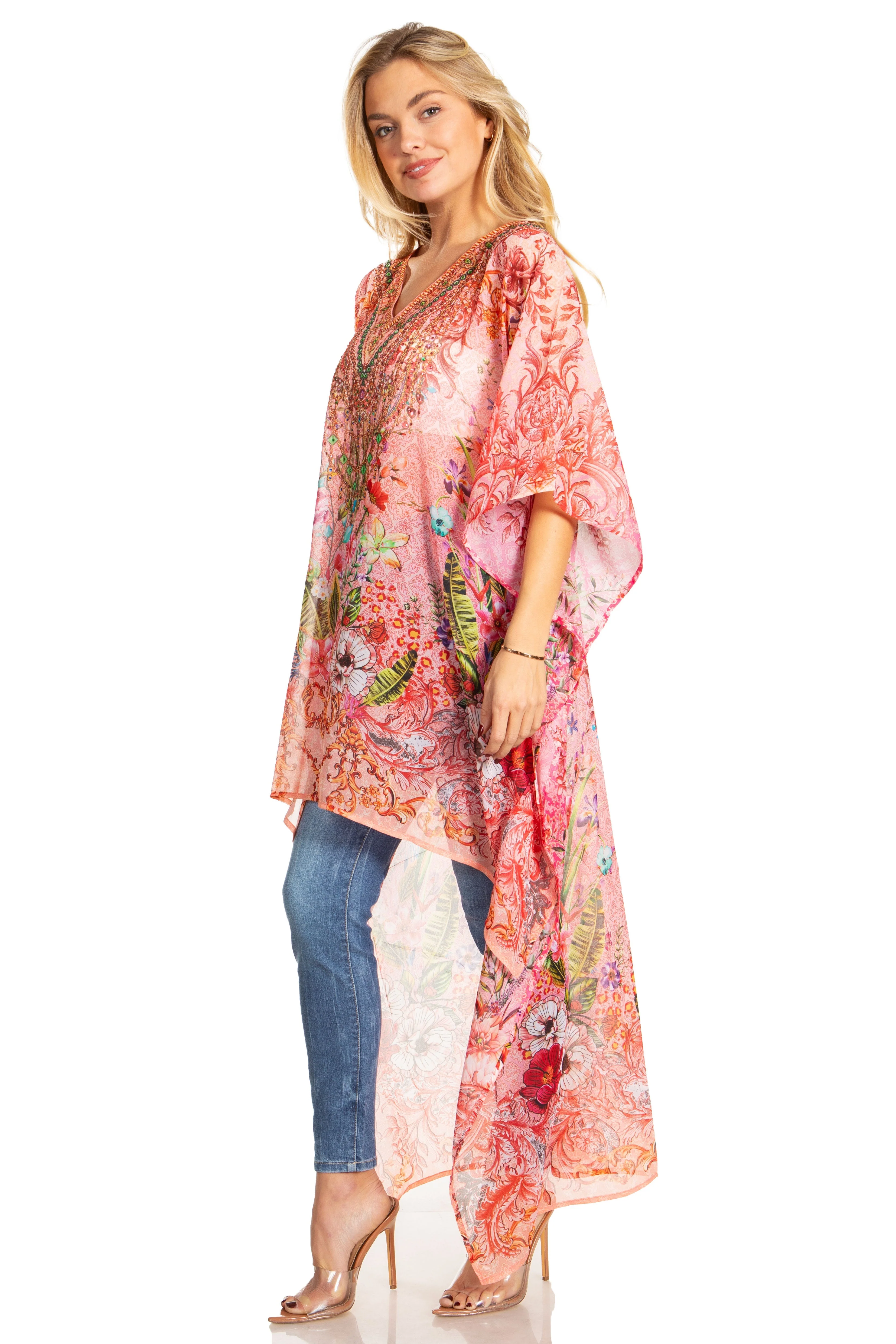 Sakkas Zeke Hi Low V-Neck Caftan Dress Printed Top Cover / Up - Image 63