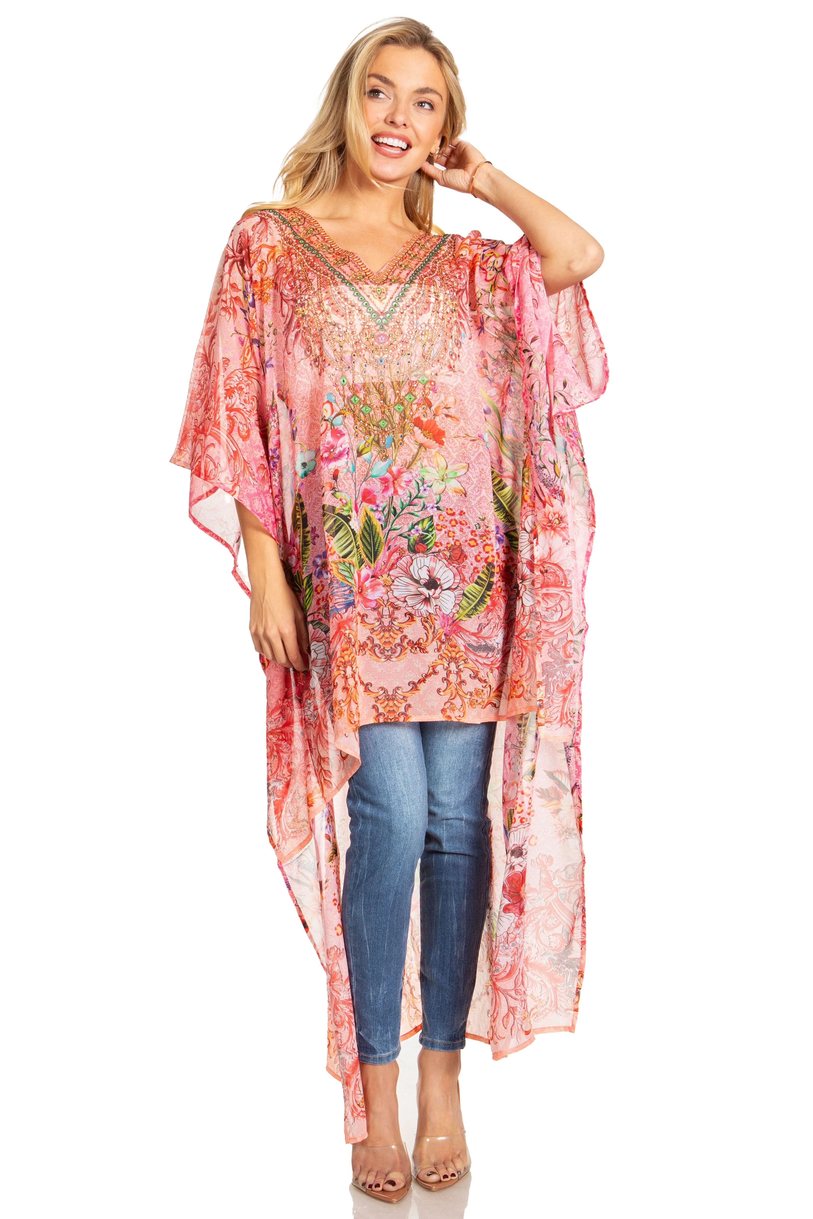 Sakkas Zeke Hi Low V-Neck Caftan Dress Printed Top Cover / Up - Image 65