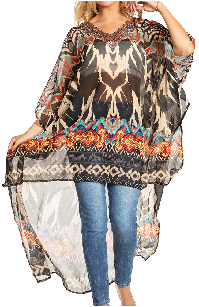 Sakkas Zeke Hi Low V-Neck Caftan Dress Printed Top Cover / Up - Image 66