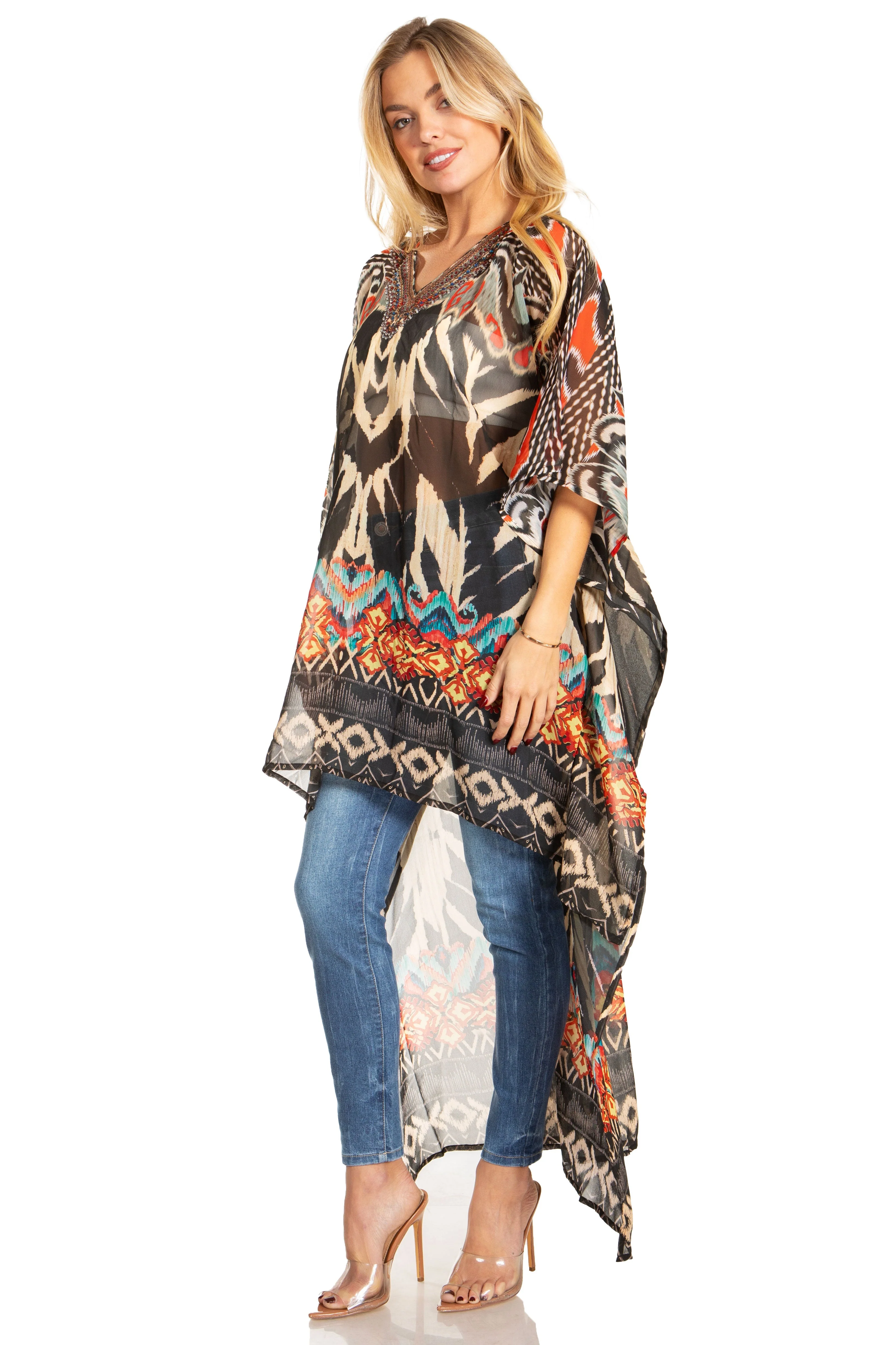 Sakkas Zeke Hi Low V-Neck Caftan Dress Printed Top Cover / Up - Image 68