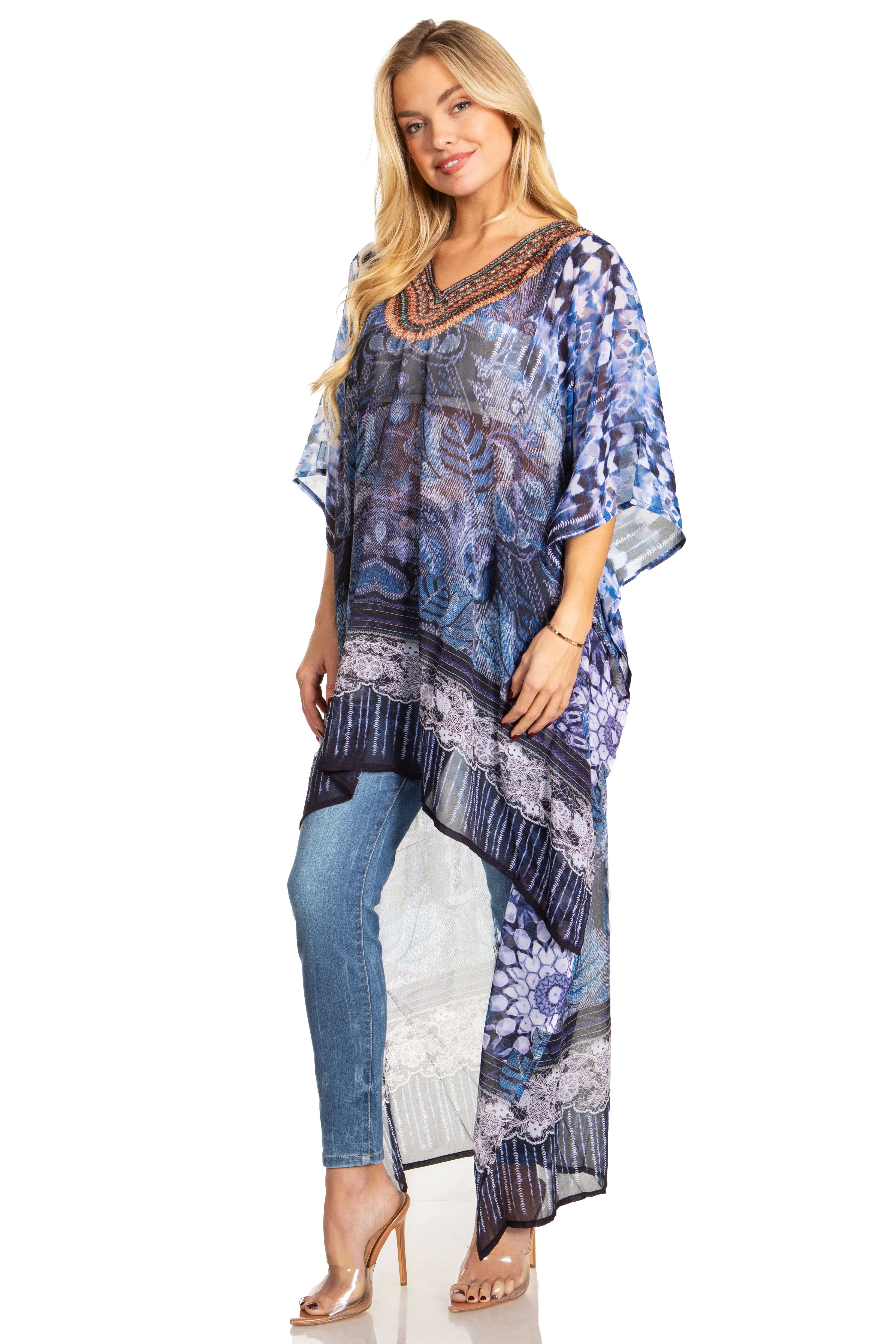 Sakkas Zeke Hi Low V-Neck Caftan Dress Printed Top Cover / Up - Image 73
