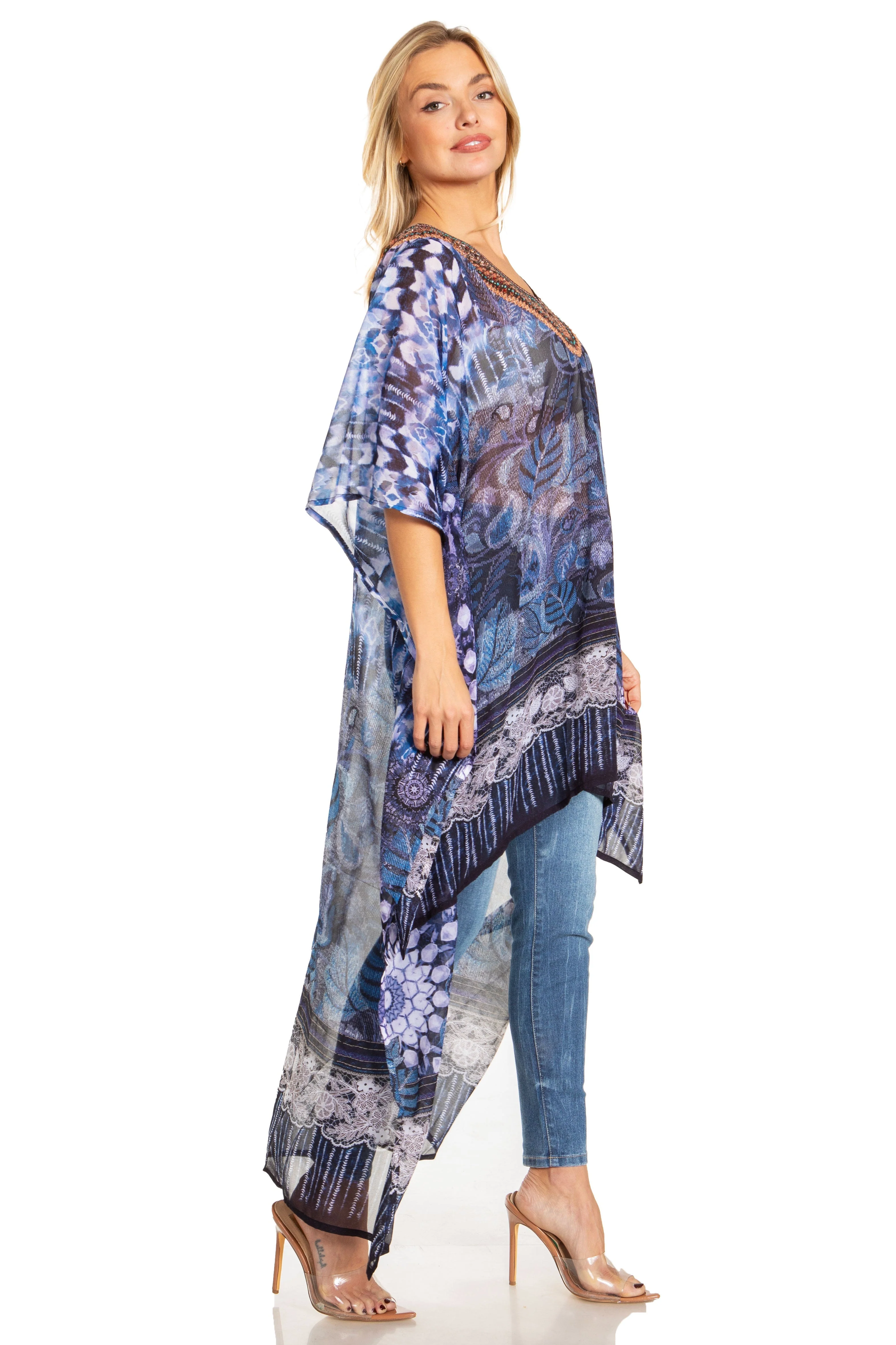 Sakkas Zeke Hi Low V-Neck Caftan Dress Printed Top Cover / Up - Image 74