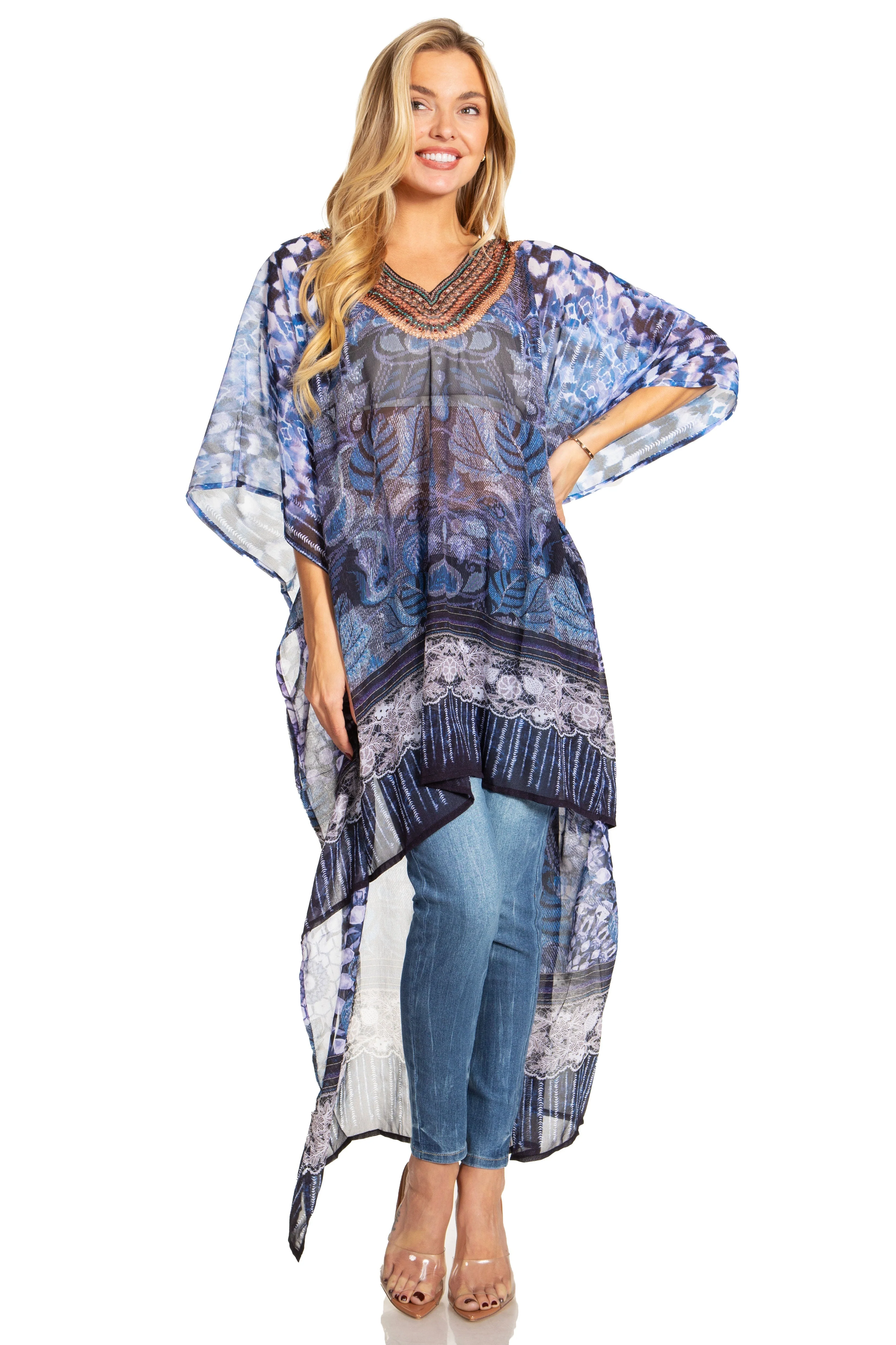Sakkas Zeke Hi Low V-Neck Caftan Dress Printed Top Cover / Up - Image 75