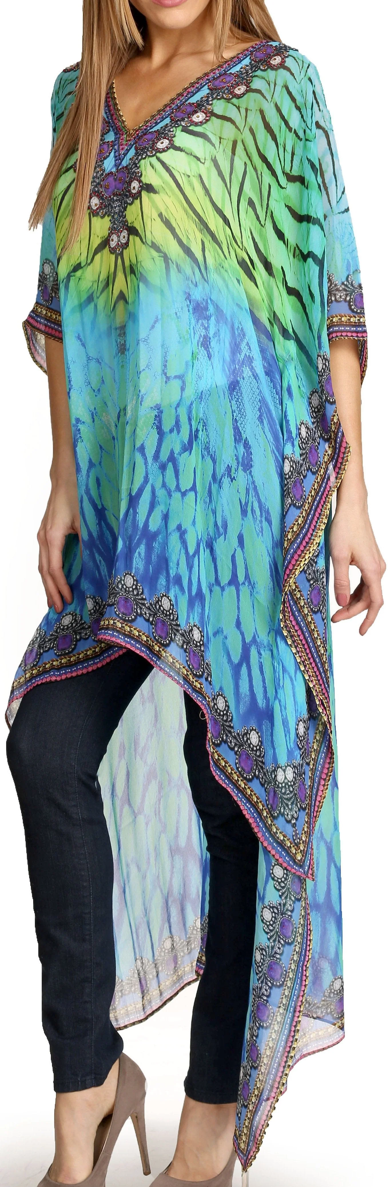 Sakkas Zeke Hi Low V-Neck Caftan Dress Printed Top Cover / Up - Image 8