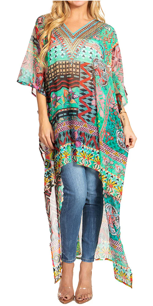 Sakkas Zeke Hi Low V-Neck Caftan Dress Printed Top Cover / Up - Image 81