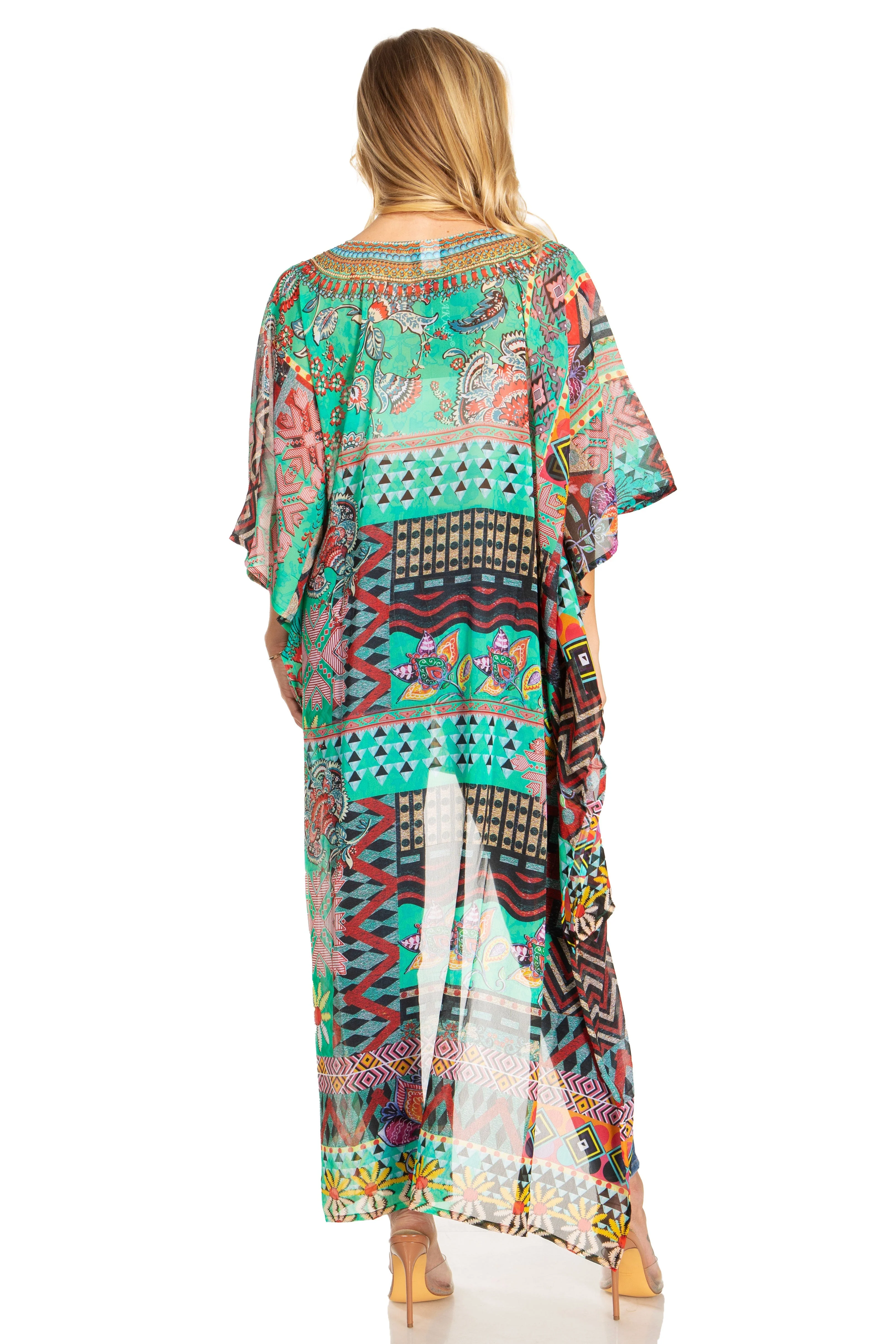 Sakkas Zeke Hi Low V-Neck Caftan Dress Printed Top Cover / Up - Image 82