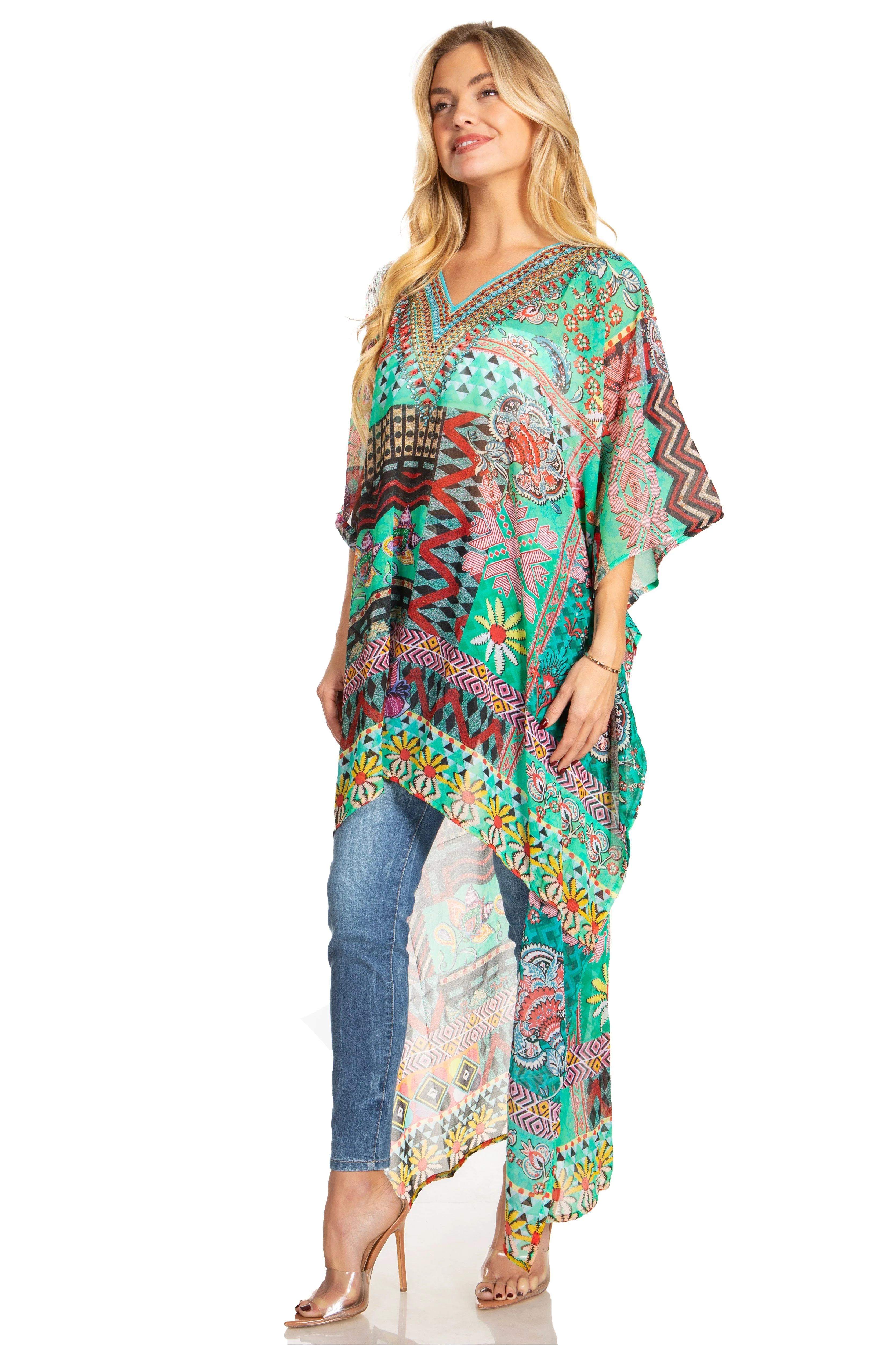 Sakkas Zeke Hi Low V-Neck Caftan Dress Printed Top Cover / Up - Image 83