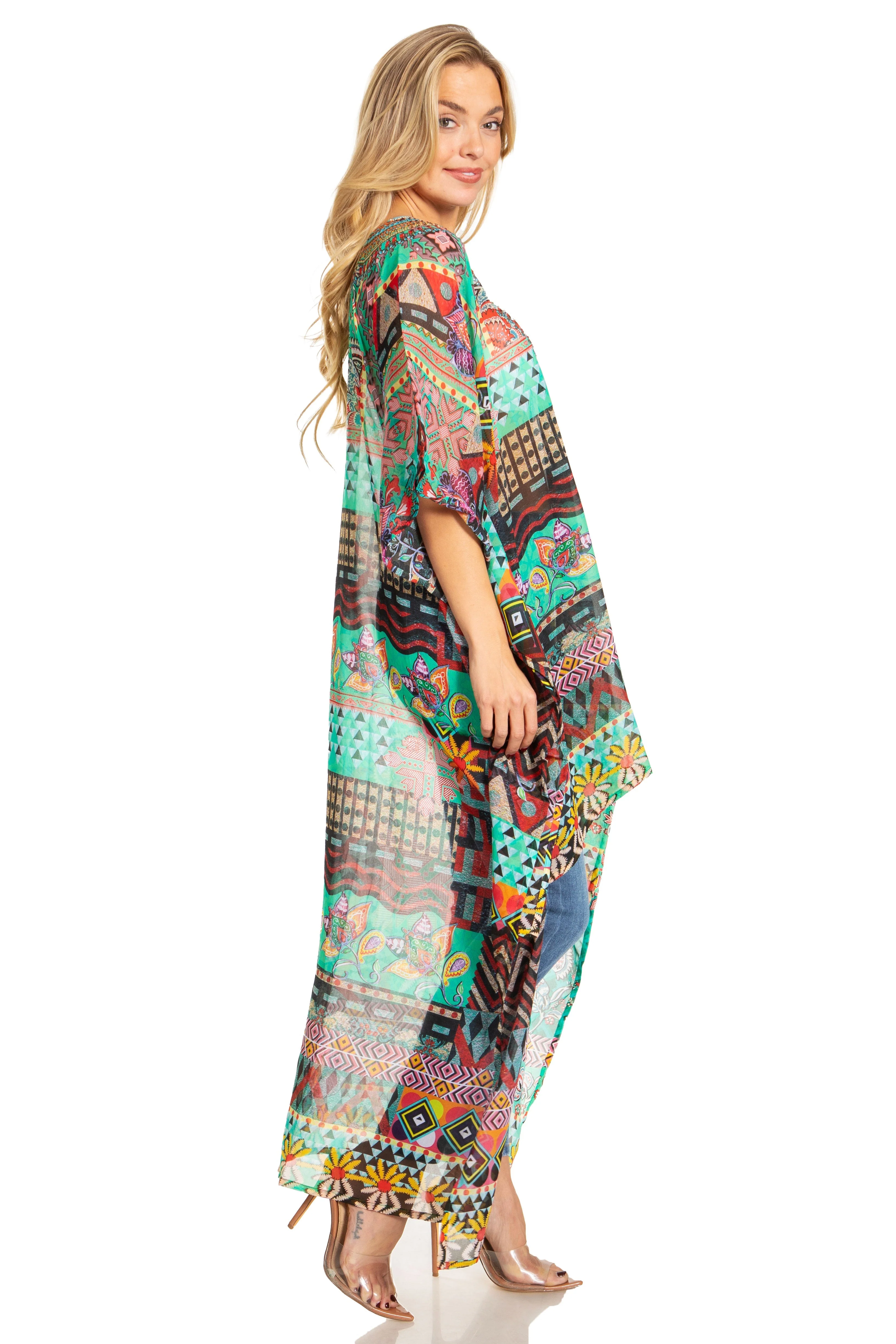 Sakkas Zeke Hi Low V-Neck Caftan Dress Printed Top Cover / Up - Image 84