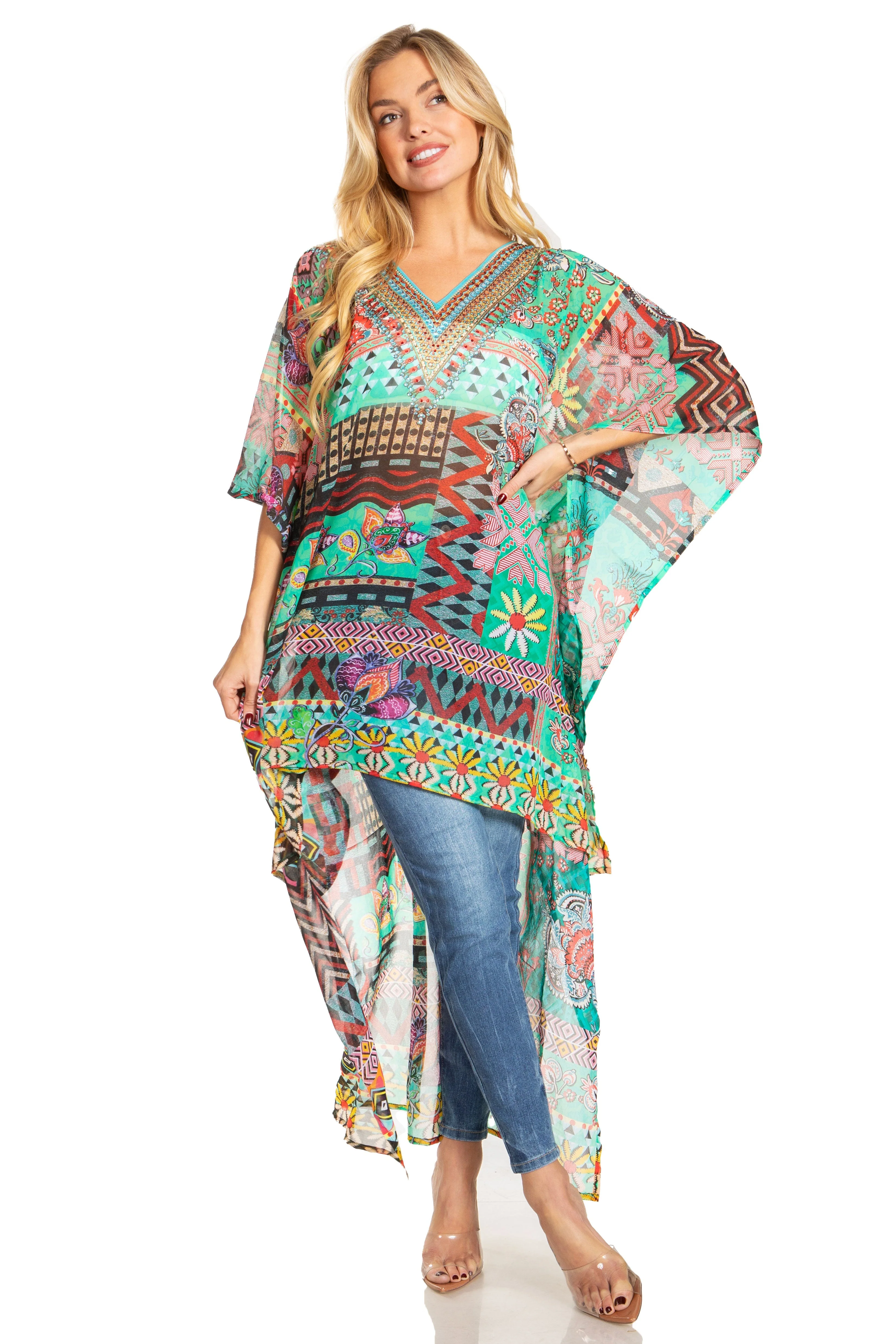 Sakkas Zeke Hi Low V-Neck Caftan Dress Printed Top Cover / Up - Image 85