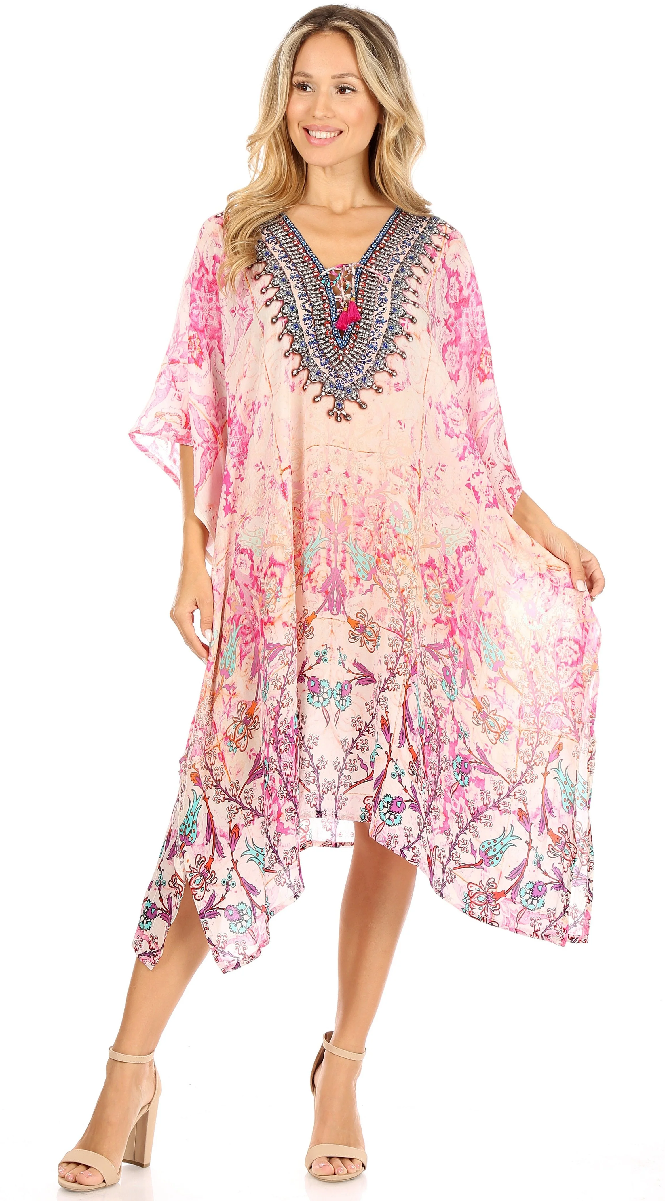 Sakkas Zeni Women's Short sleeve V-neck Summer Floral Print Caftan Dress Cover-up - Image 10