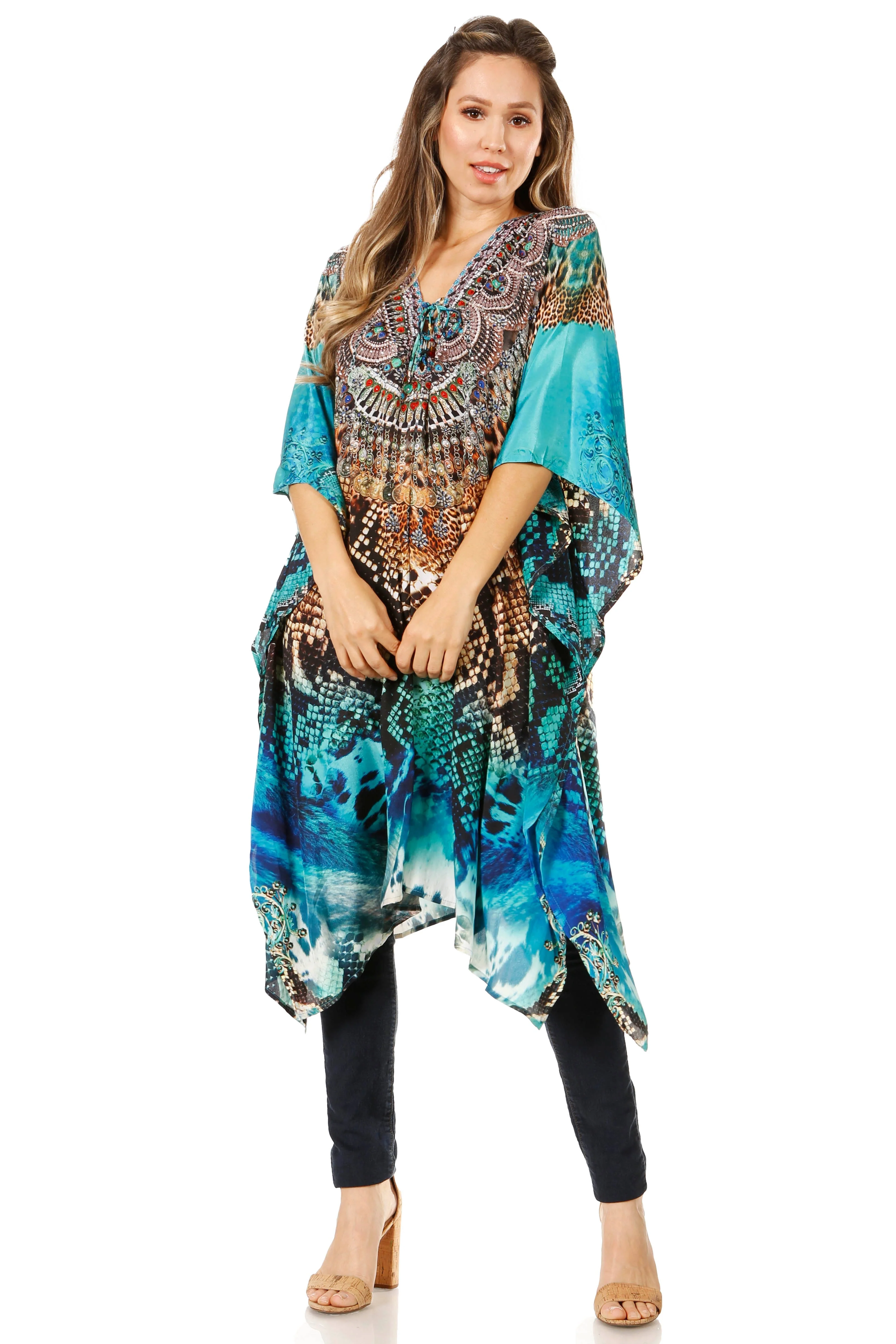 Sakkas Zeni Women's Short sleeve V-neck Summer Floral Print Caftan Dress Cover-up - Image 100