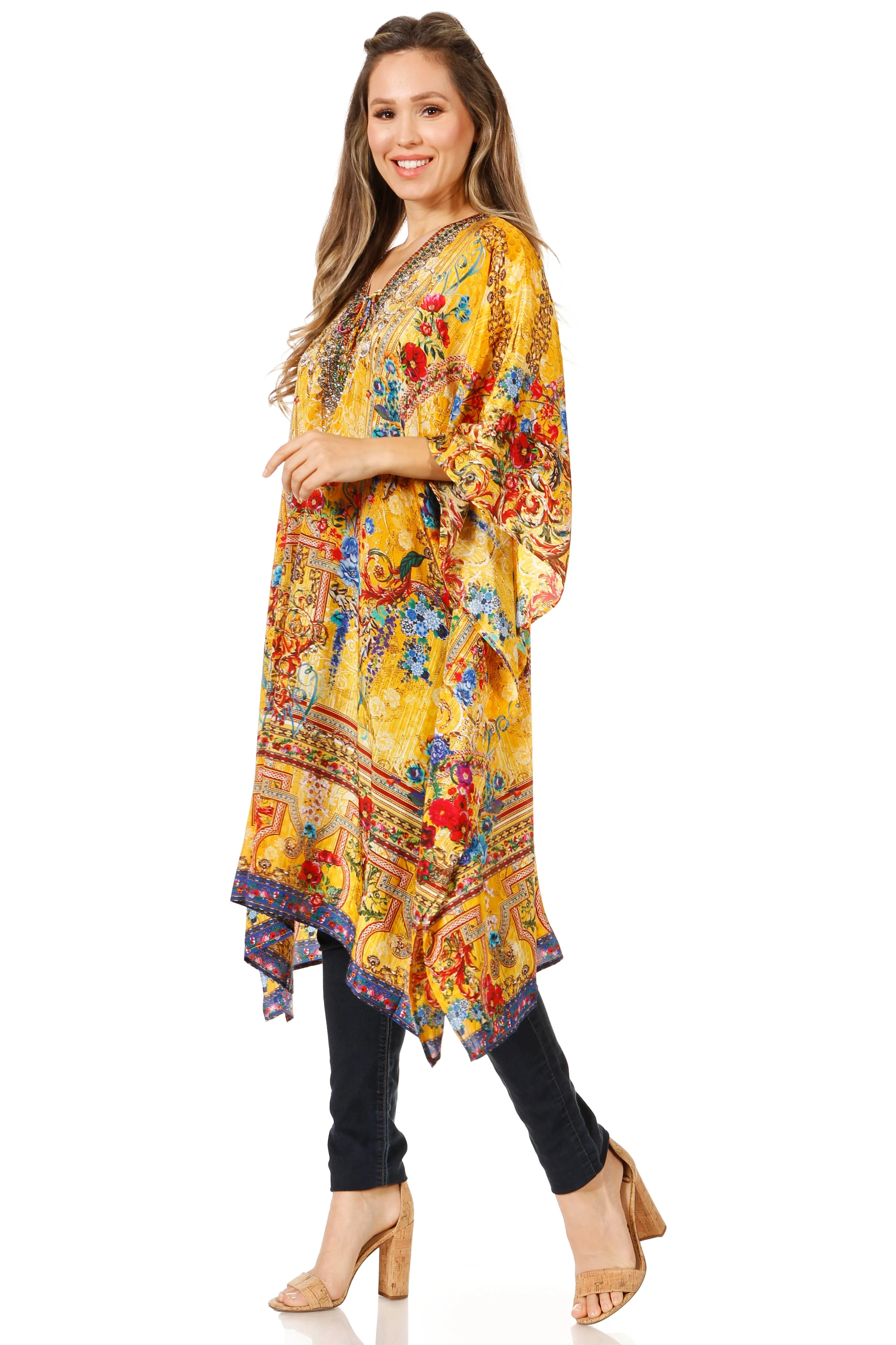 Sakkas Zeni Women's Short sleeve V-neck Summer Floral Print Caftan Dress Cover-up - Image 103