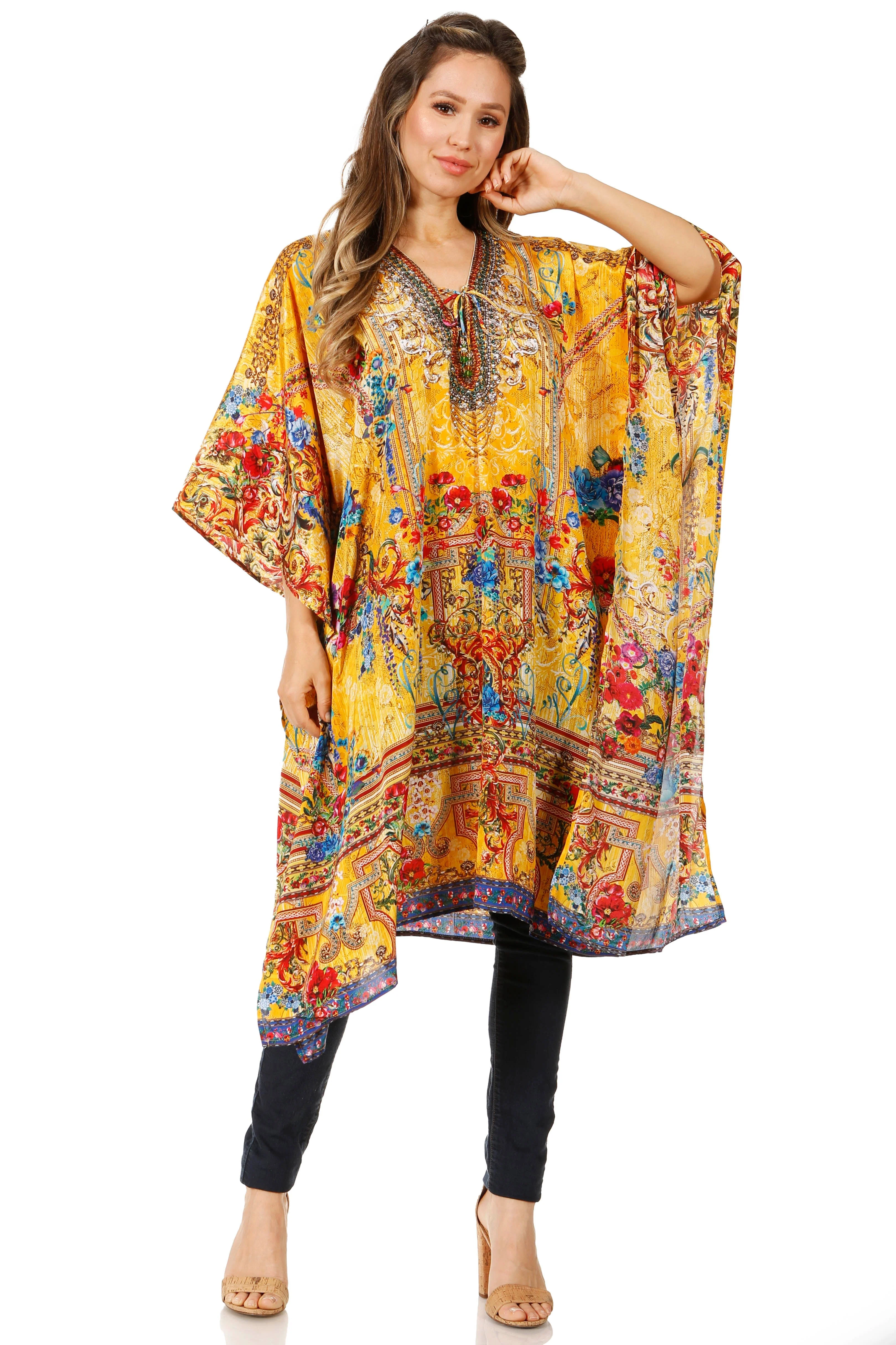 Sakkas Zeni Women's Short sleeve V-neck Summer Floral Print Caftan Dress Cover-up - Image 105