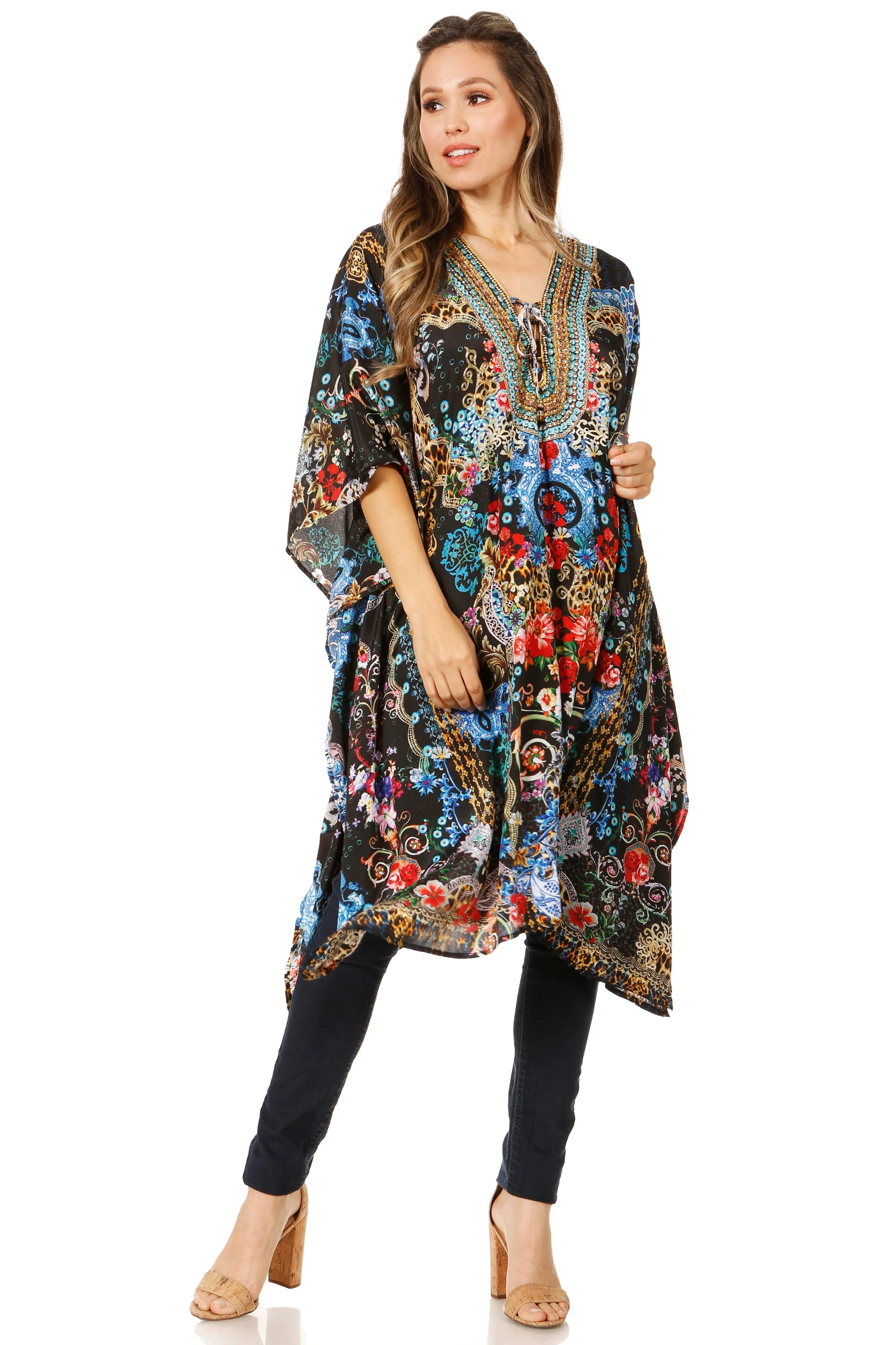 Sakkas Zeni Women's Short sleeve V-neck Summer Floral Print Caftan Dress Cover-up - Image 110