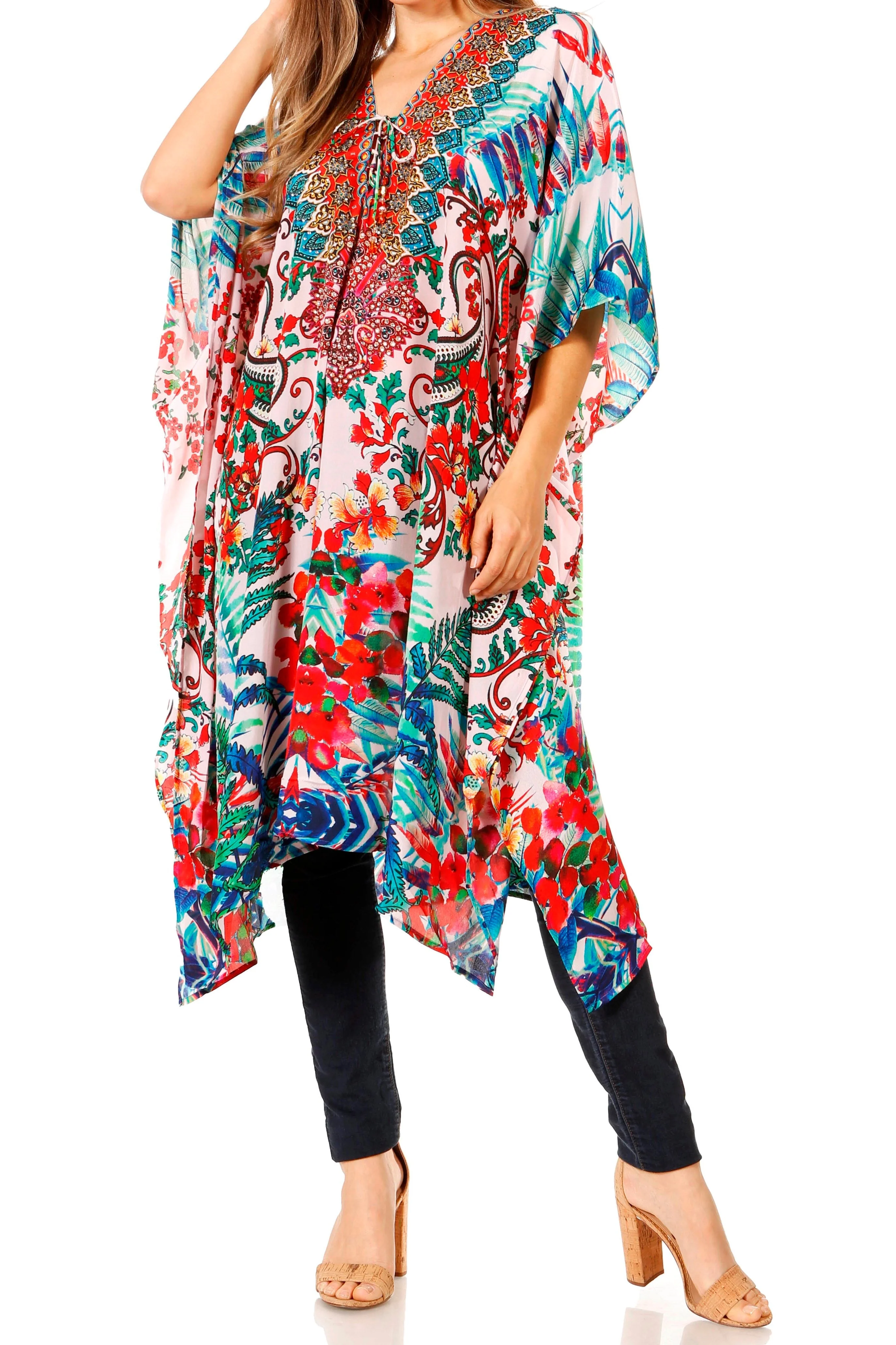 Sakkas Zeni Women's Short sleeve V-neck Summer Floral Print Caftan Dress Cover-up - Image 111