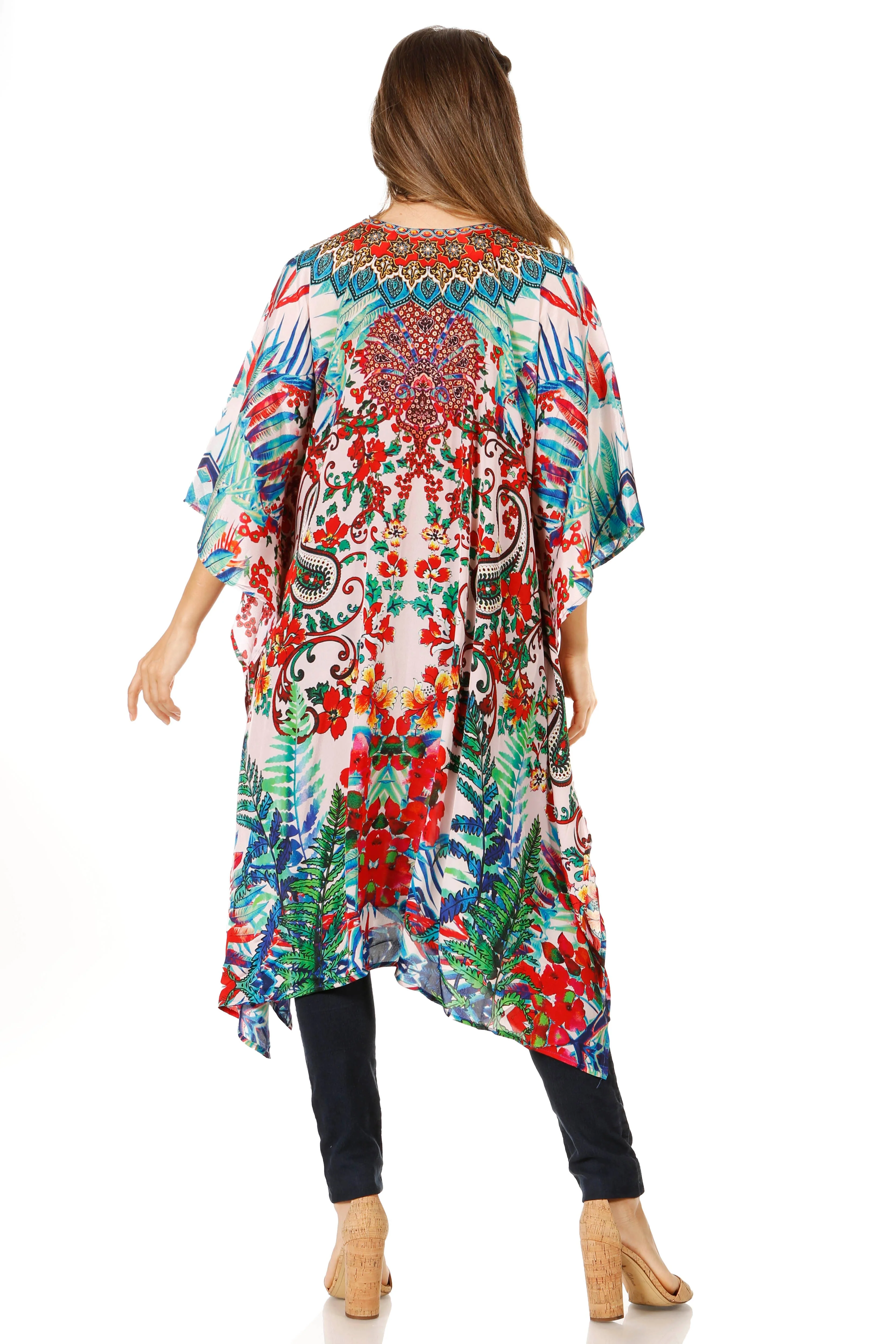 Sakkas Zeni Women's Short sleeve V-neck Summer Floral Print Caftan Dress Cover-up - Image 112