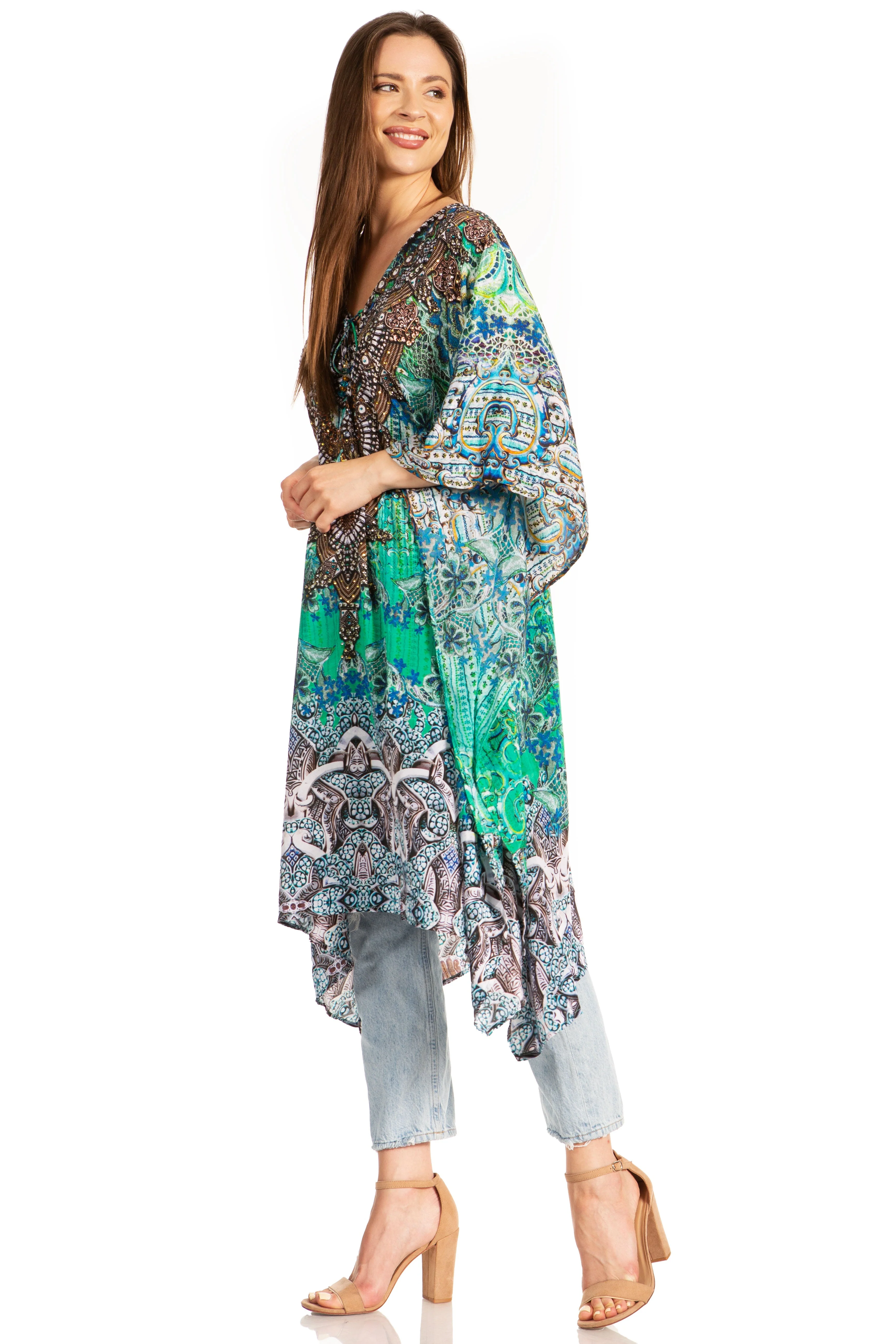 Sakkas Zeni Women's Short sleeve V-neck Summer Floral Print Caftan Dress Cover-up - Image 14