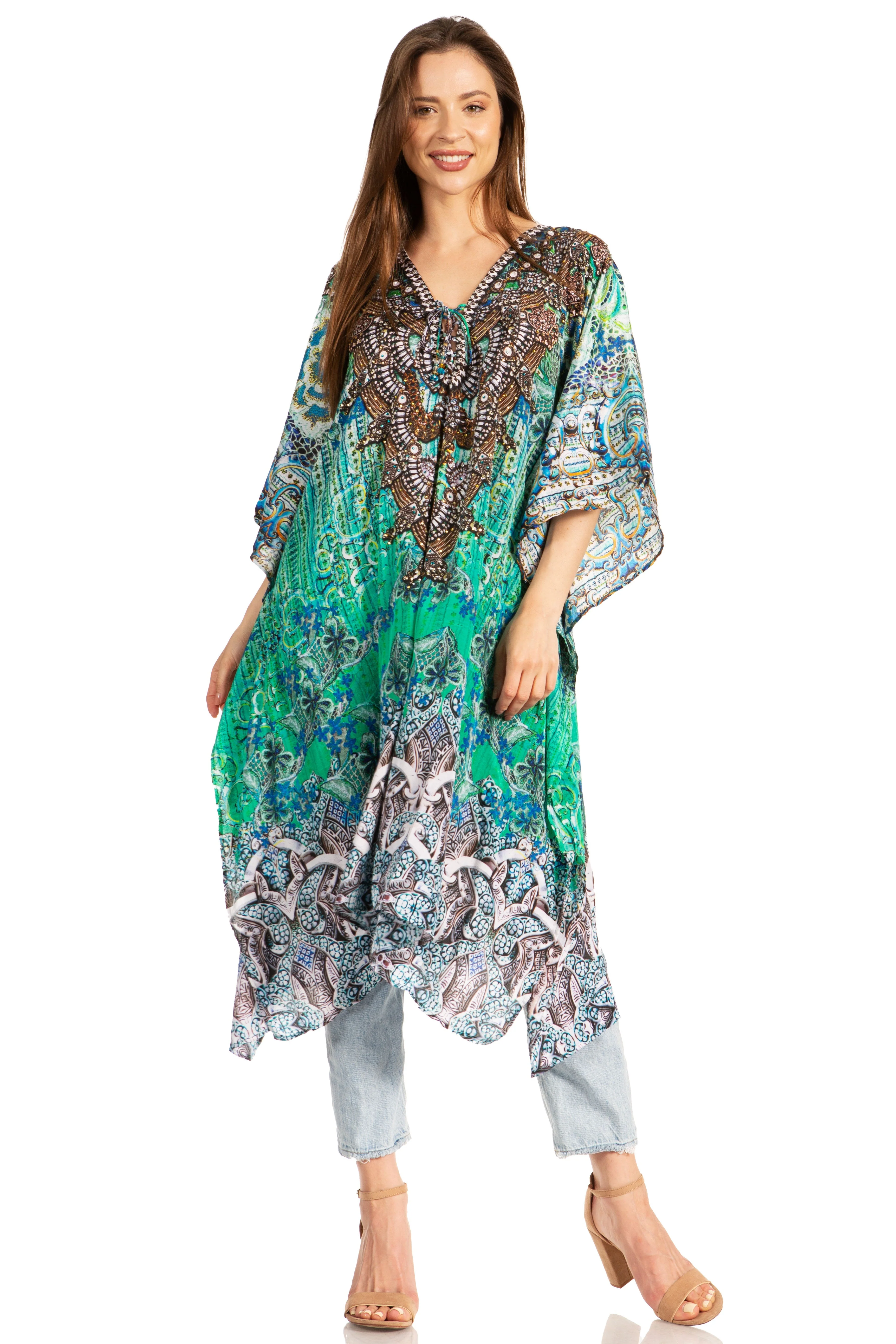 Sakkas Zeni Women's Short sleeve V-neck Summer Floral Print Caftan Dress Cover-up - Image 15