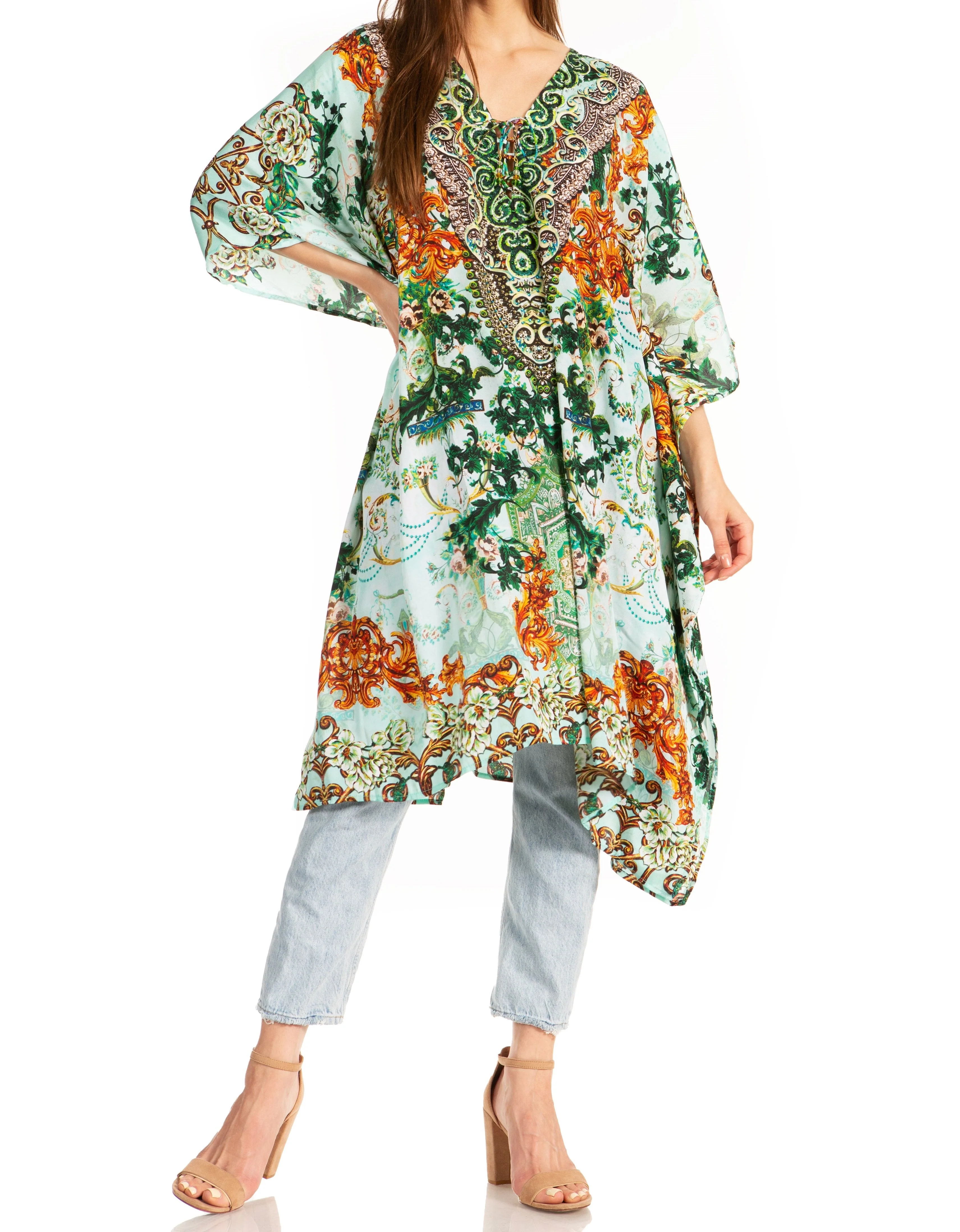 Sakkas Zeni Women's Short sleeve V-neck Summer Floral Print Caftan Dress Cover-up - Image 16