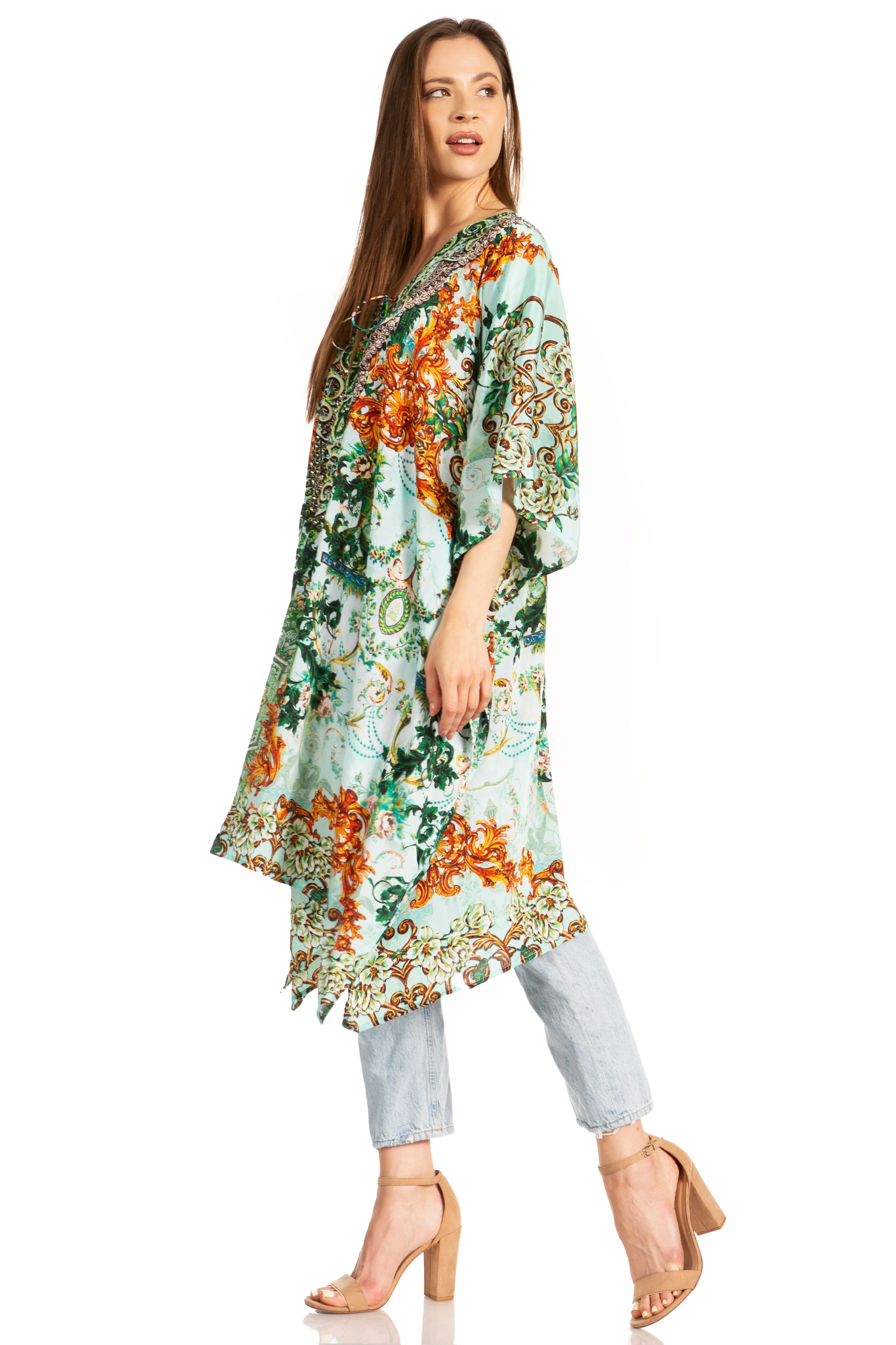 Sakkas Zeni Women's Short sleeve V-neck Summer Floral Print Caftan Dress Cover-up - Image 19