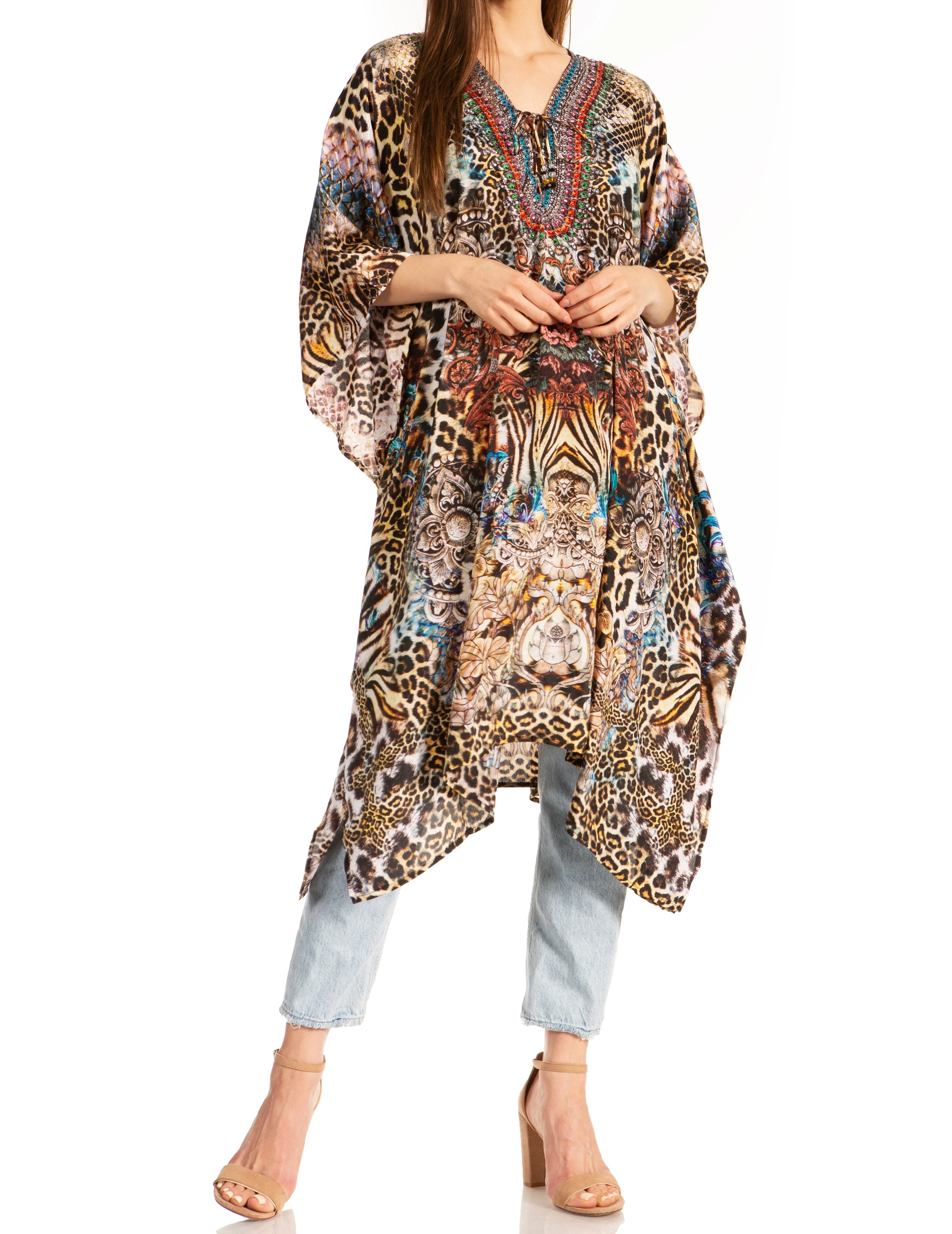 Sakkas Zeni Women's Short sleeve V-neck Summer Floral Print Caftan Dress Cover-up - Image 21