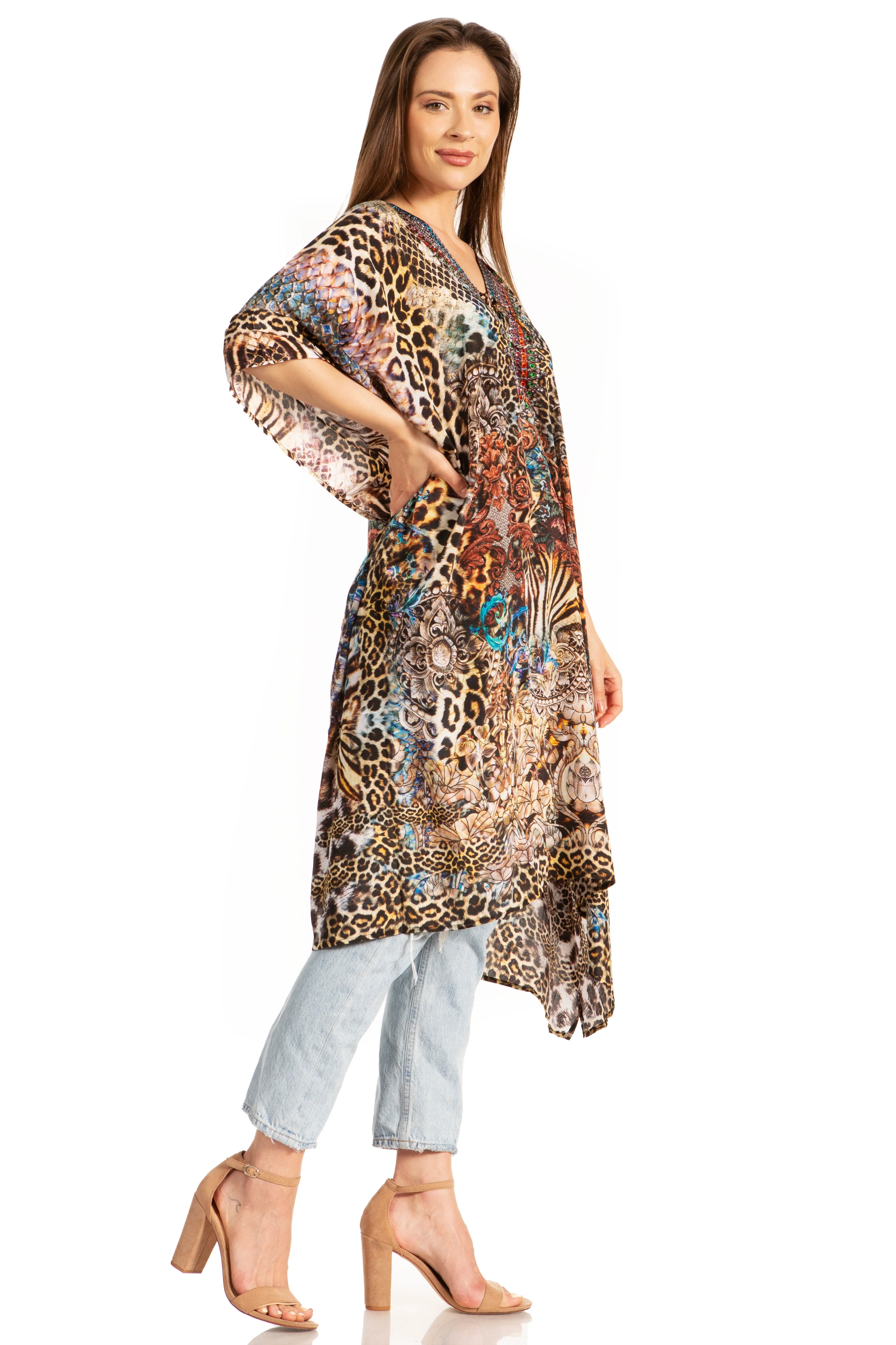 Sakkas Zeni Women's Short sleeve V-neck Summer Floral Print Caftan Dress Cover-up - Image 23
