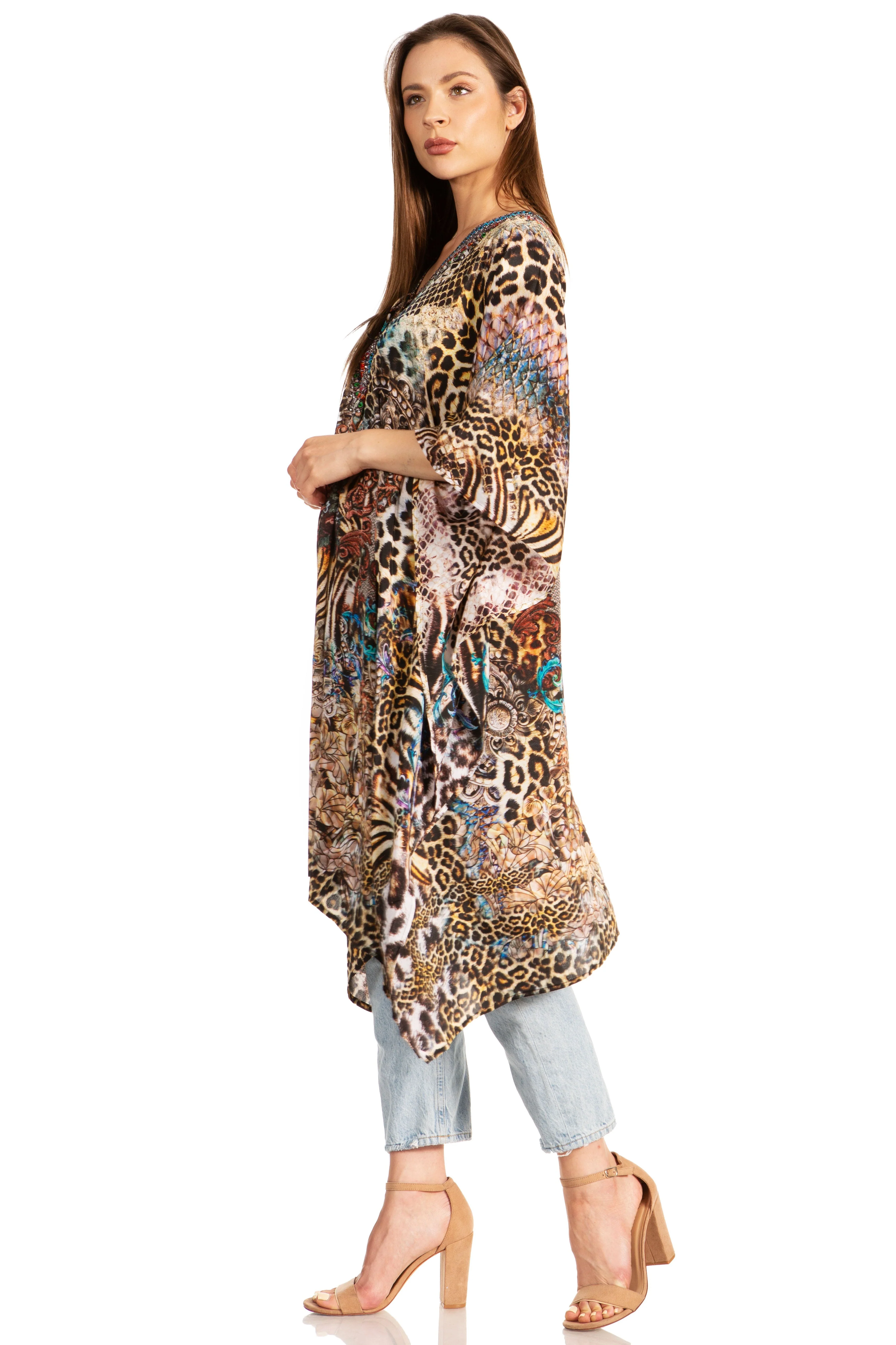Sakkas Zeni Women's Short sleeve V-neck Summer Floral Print Caftan Dress Cover-up - Image 24