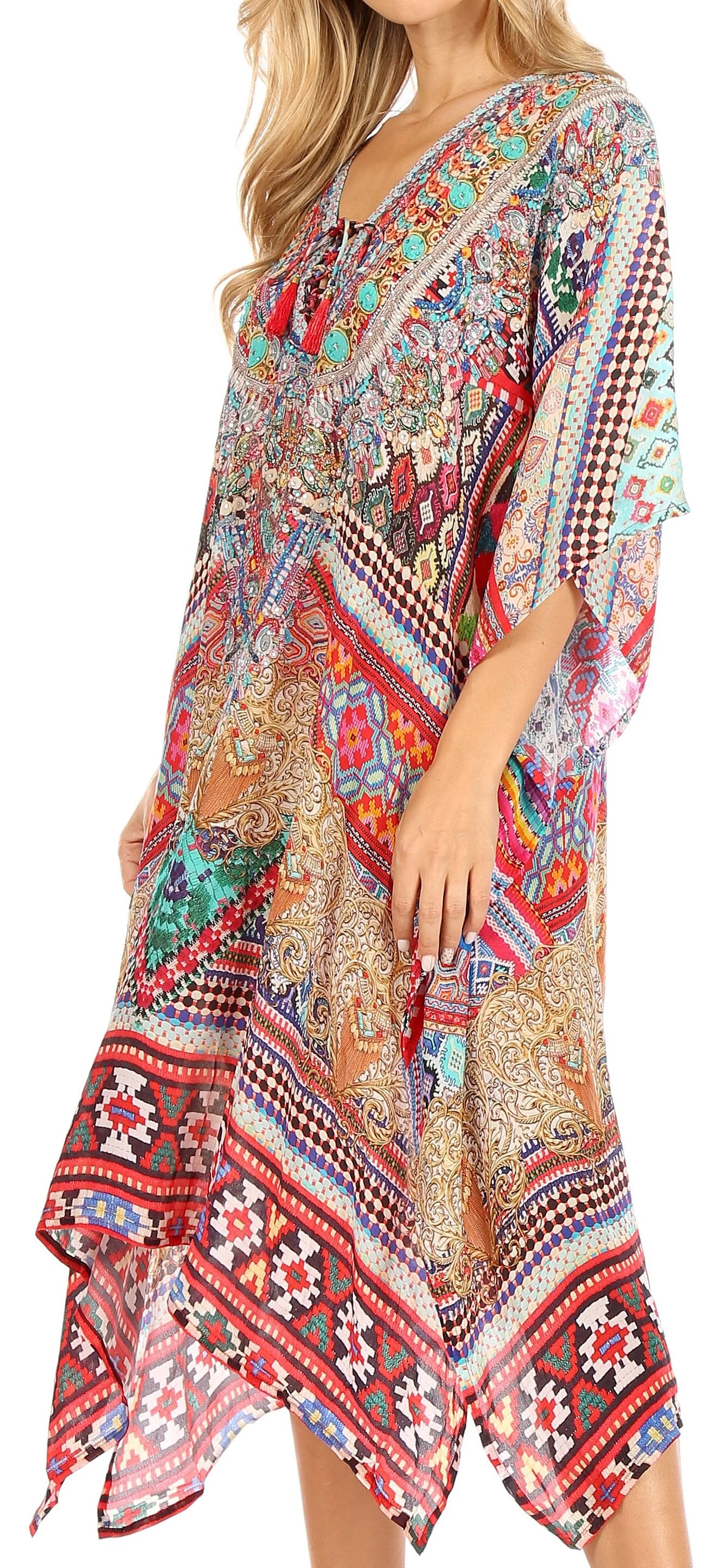 Sakkas Zeni Women's Short sleeve V-neck Summer Floral Print Caftan Dress Cover-up - Image 3