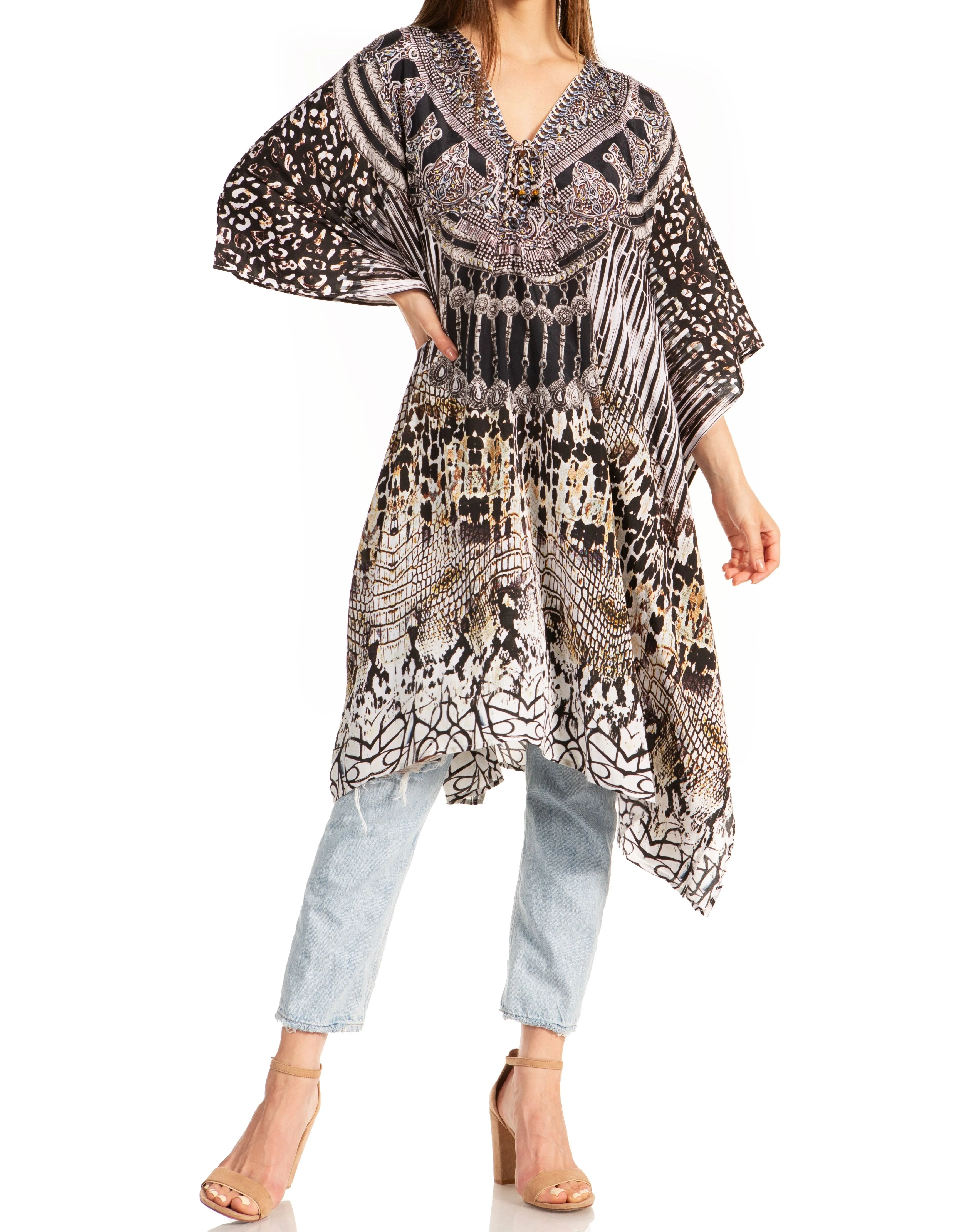 Sakkas Zeni Women's Short sleeve V-neck Summer Floral Print Caftan Dress Cover-up - Image 31
