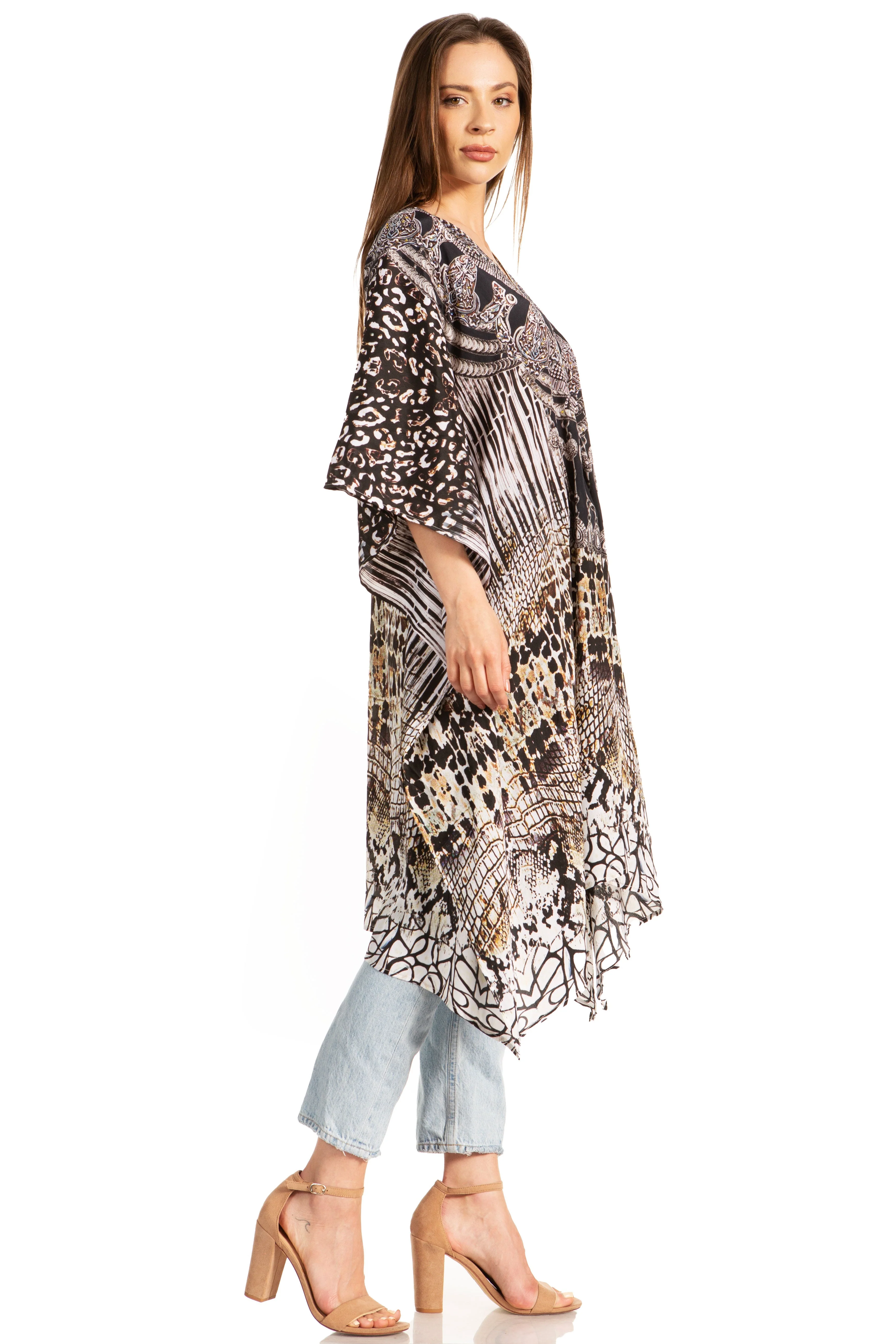 Sakkas Zeni Women's Short sleeve V-neck Summer Floral Print Caftan Dress Cover-up - Image 33