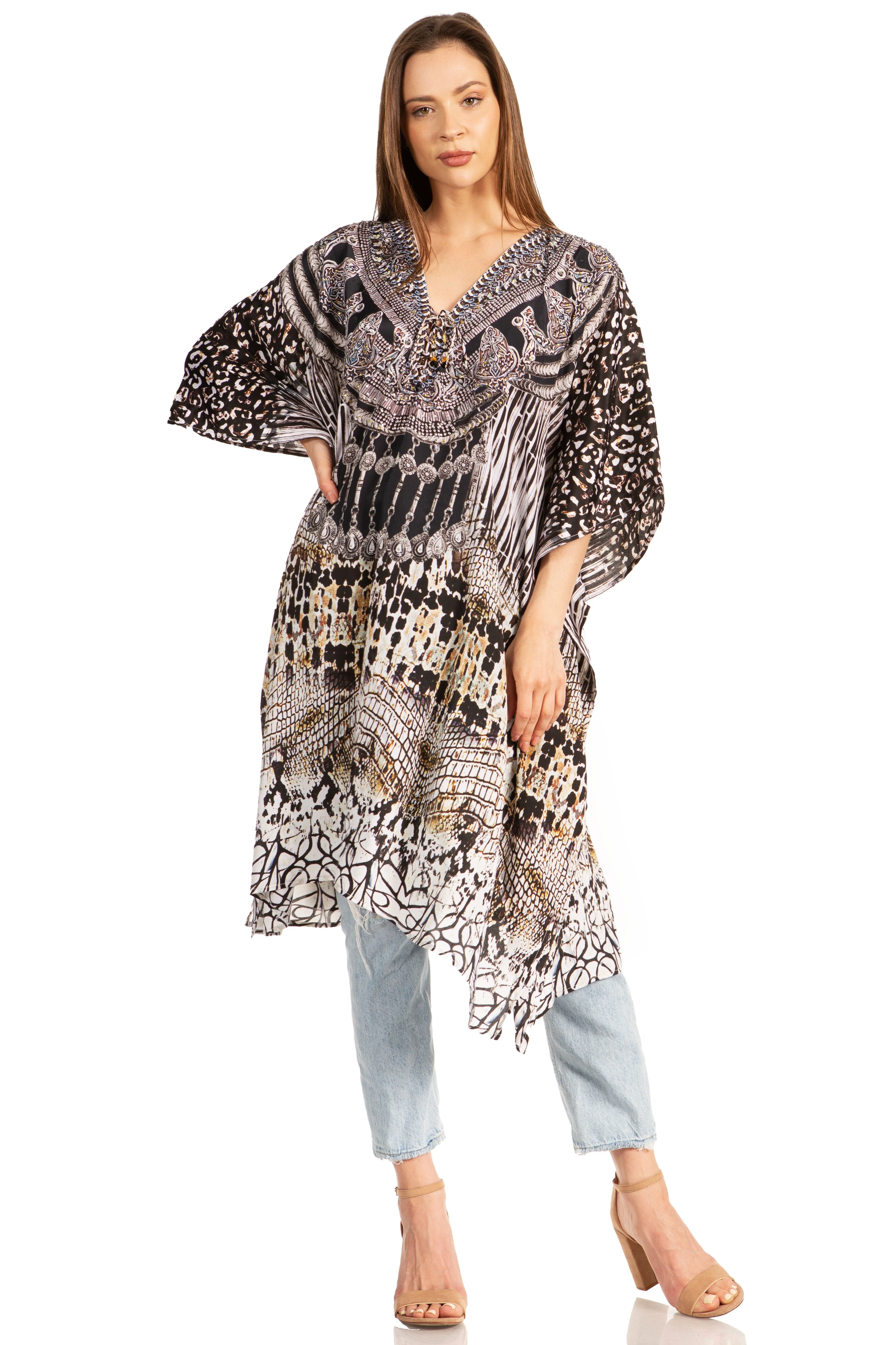 Sakkas Zeni Women's Short sleeve V-neck Summer Floral Print Caftan Dress Cover-up - Image 35