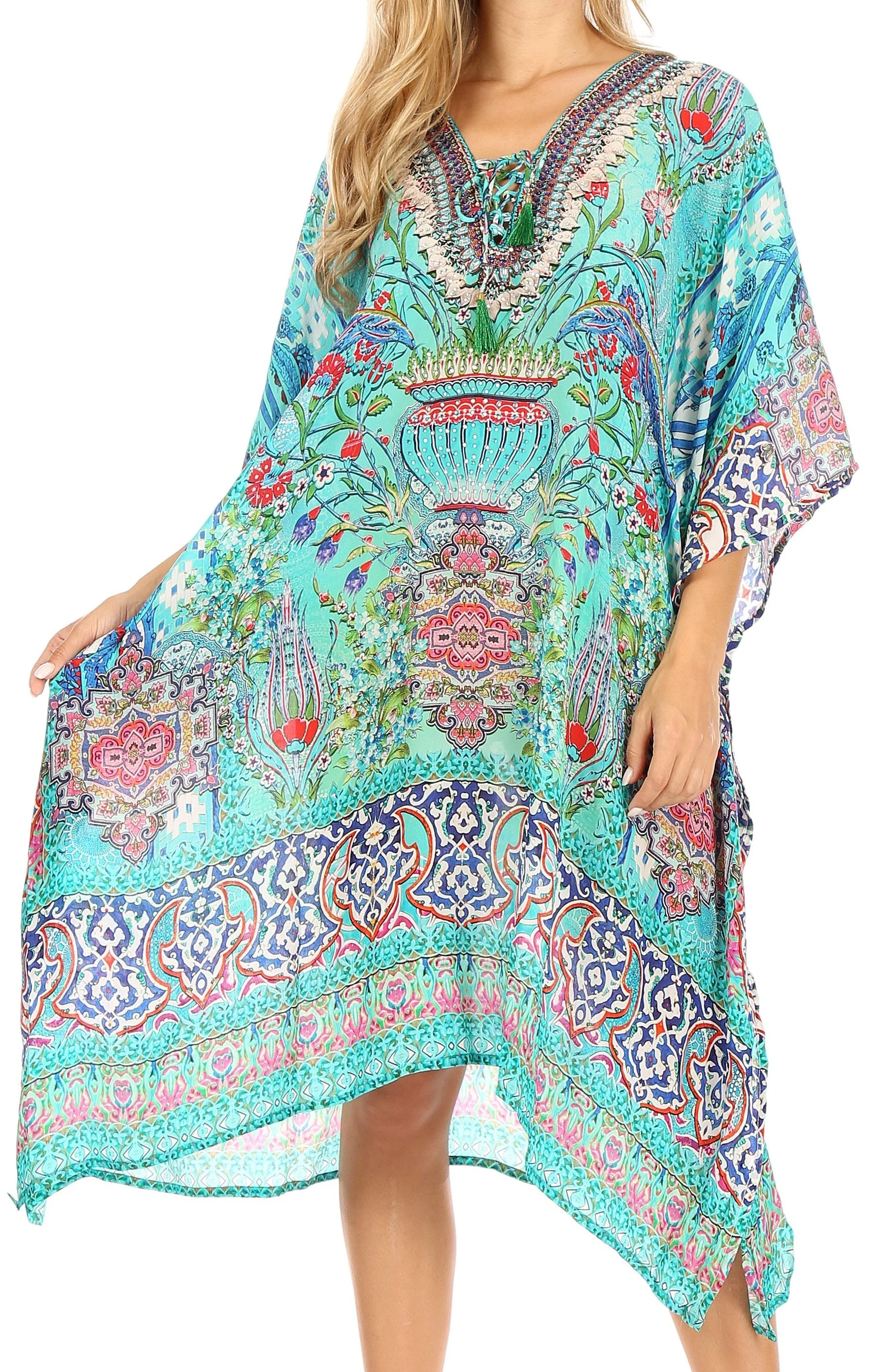 Sakkas Zeni Women's Short sleeve V-neck Summer Floral Print Caftan Dress Cover-up - Image 36