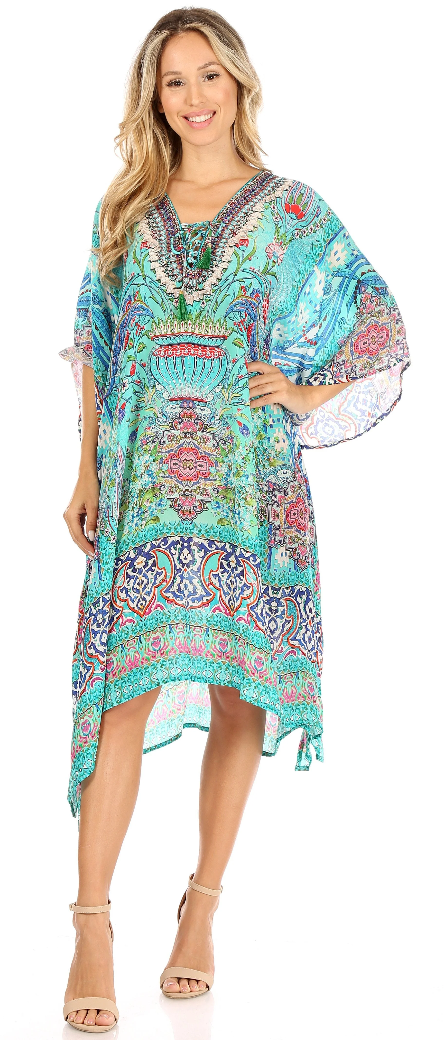 Sakkas Zeni Women's Short sleeve V-neck Summer Floral Print Caftan Dress Cover-up - Image 40