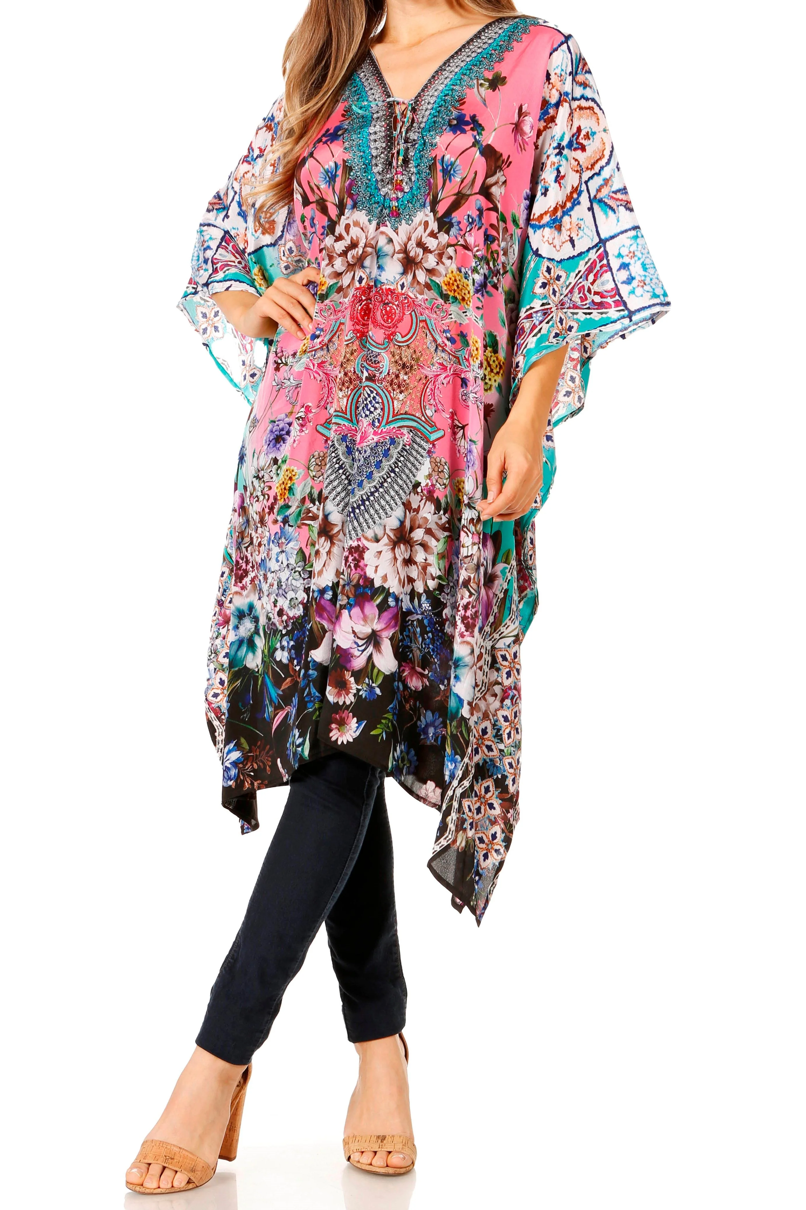 Sakkas Zeni Women's Short sleeve V-neck Summer Floral Print Caftan Dress Cover-up - Image 41