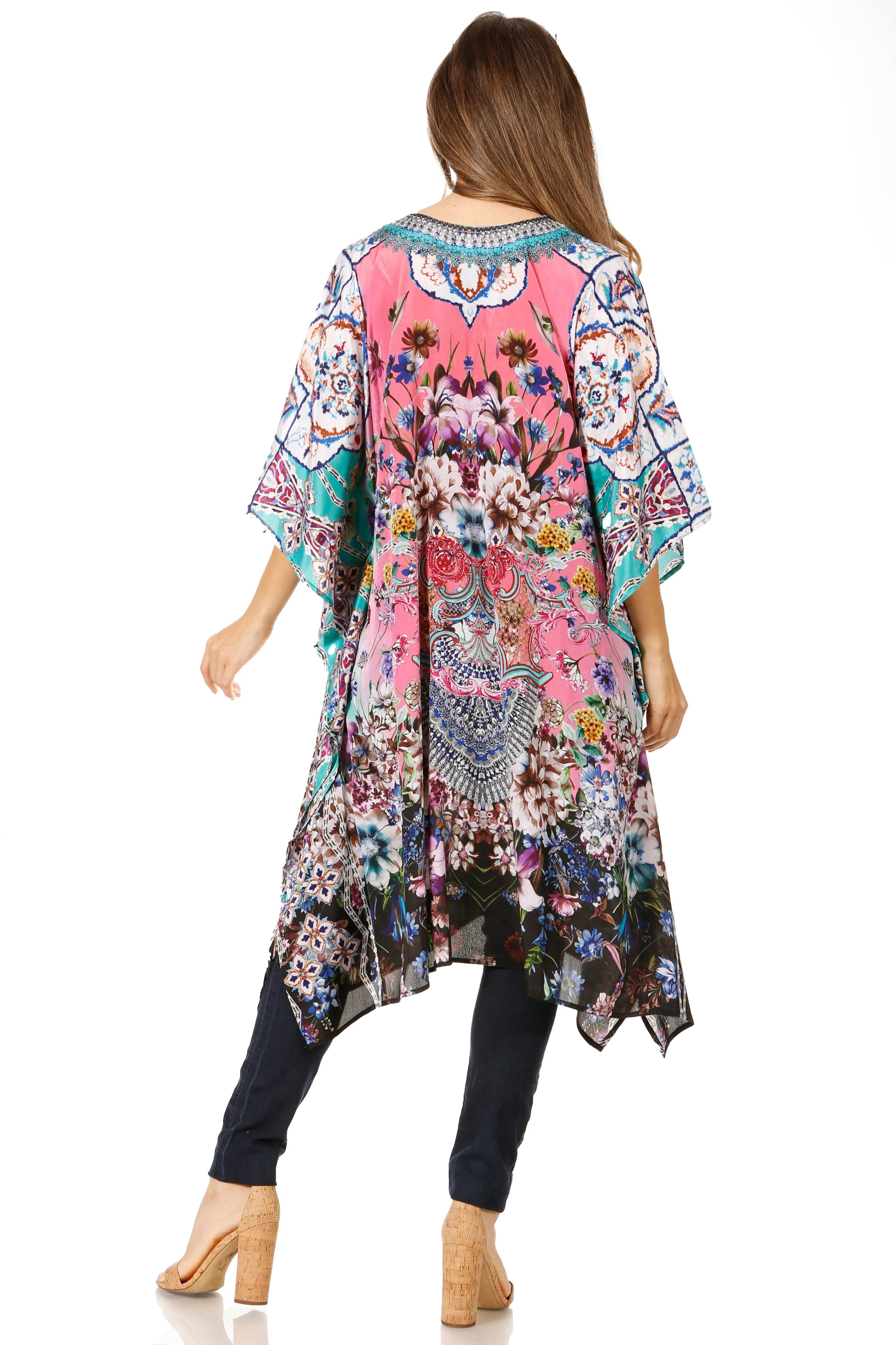 Sakkas Zeni Women's Short sleeve V-neck Summer Floral Print Caftan Dress Cover-up - Image 42