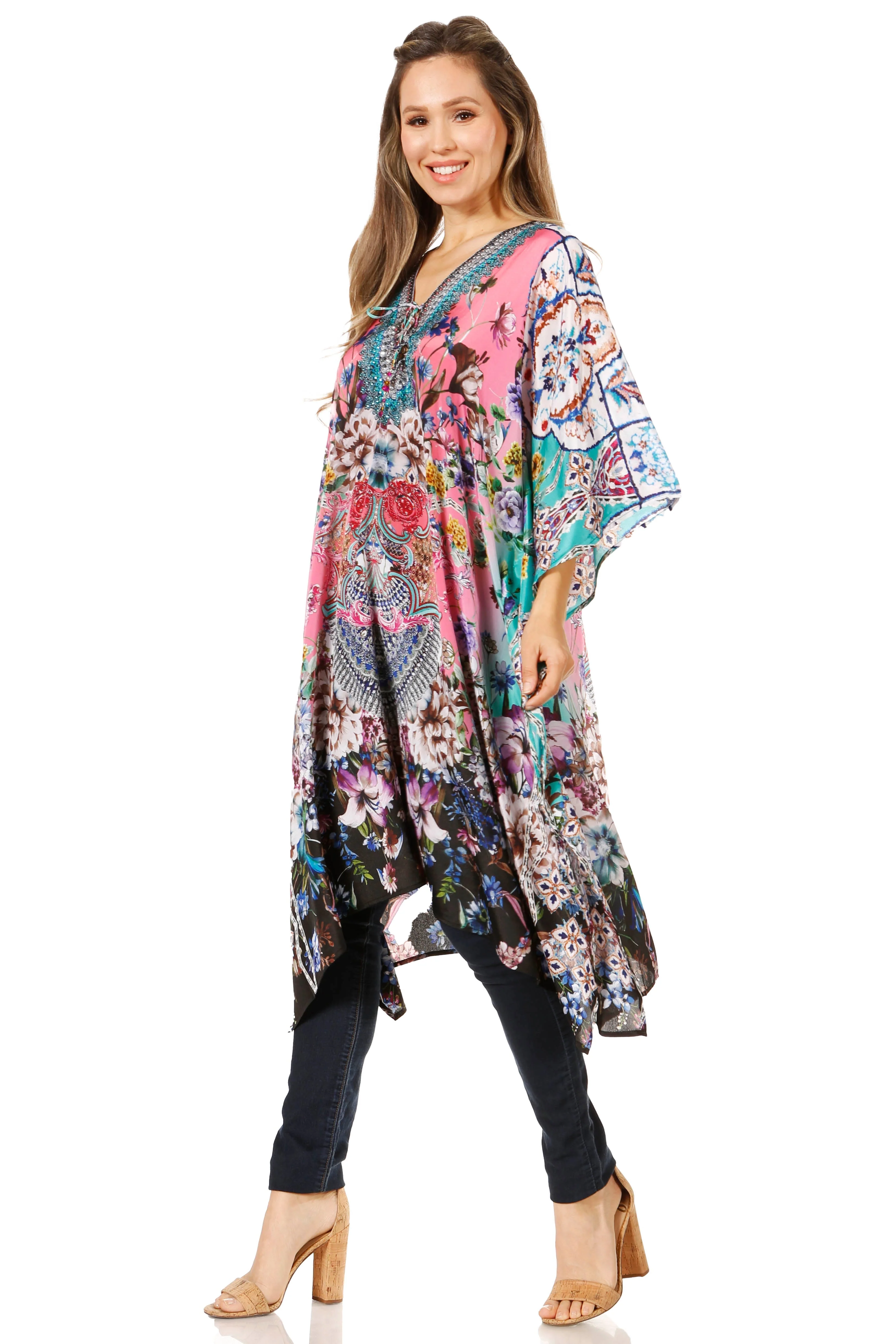Sakkas Zeni Women's Short sleeve V-neck Summer Floral Print Caftan Dress Cover-up - Image 43