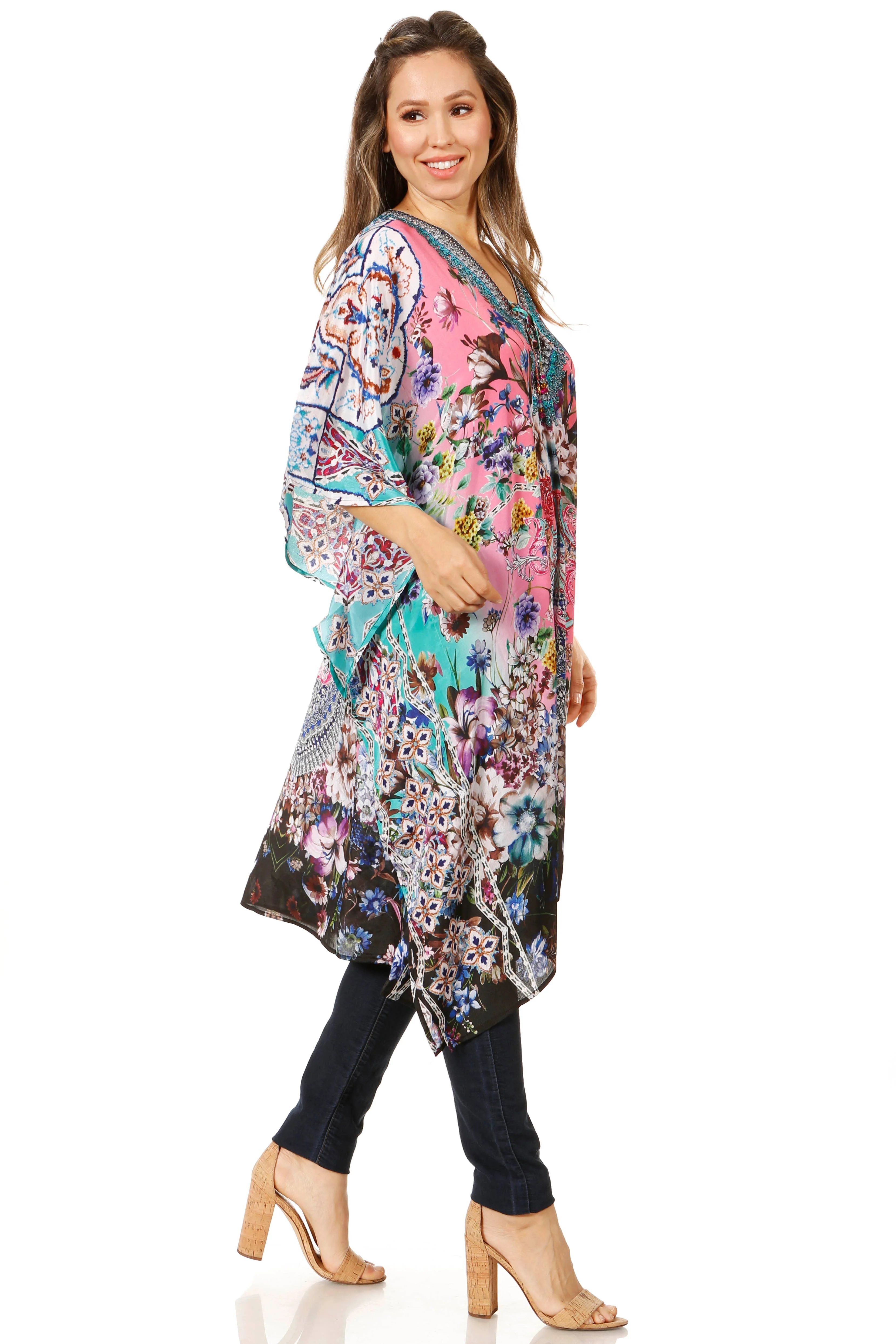 Sakkas Zeni Women's Short sleeve V-neck Summer Floral Print Caftan Dress Cover-up - Image 44