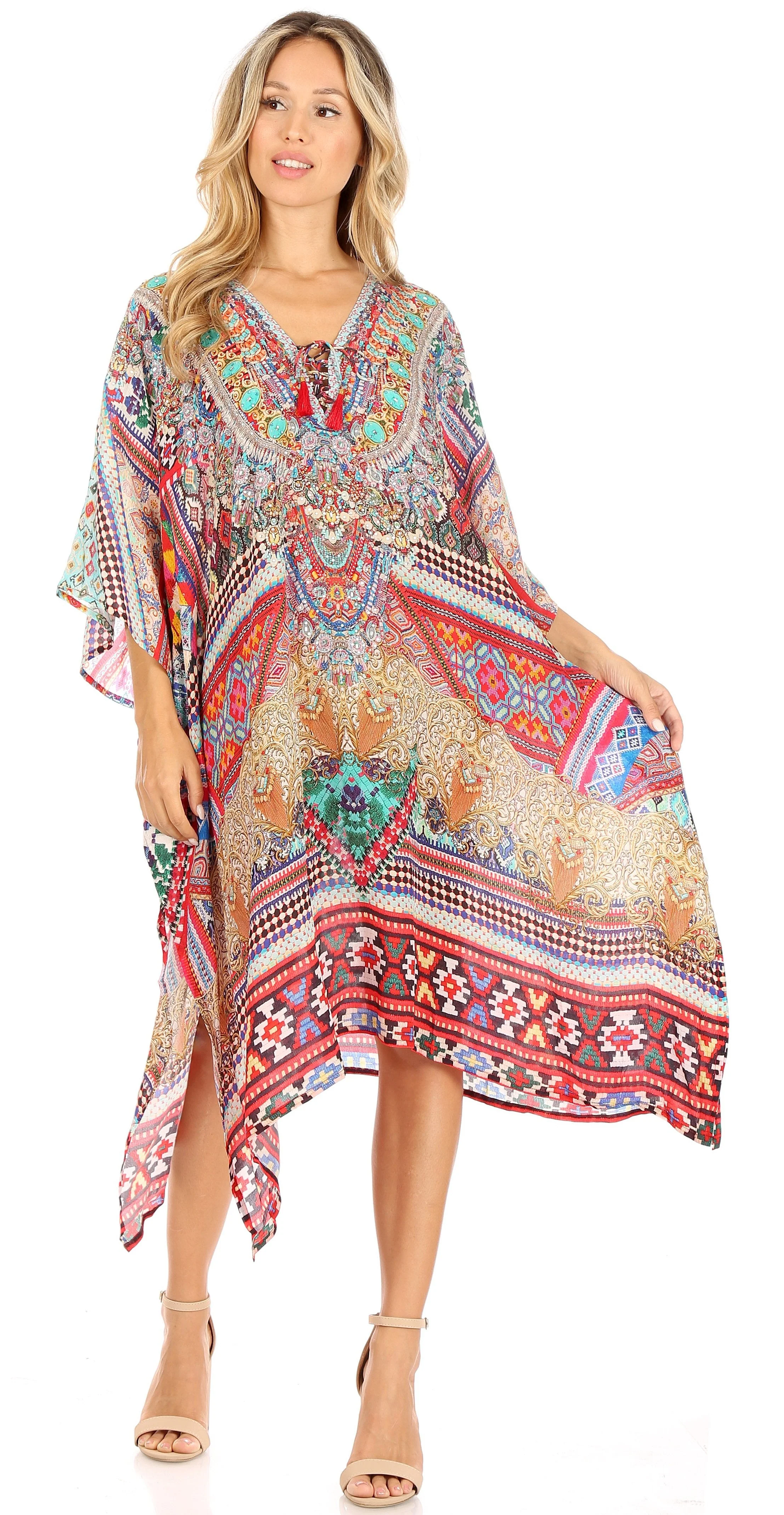 Sakkas Zeni Women's Short sleeve V-neck Summer Floral Print Caftan Dress Cover-up - Image 5