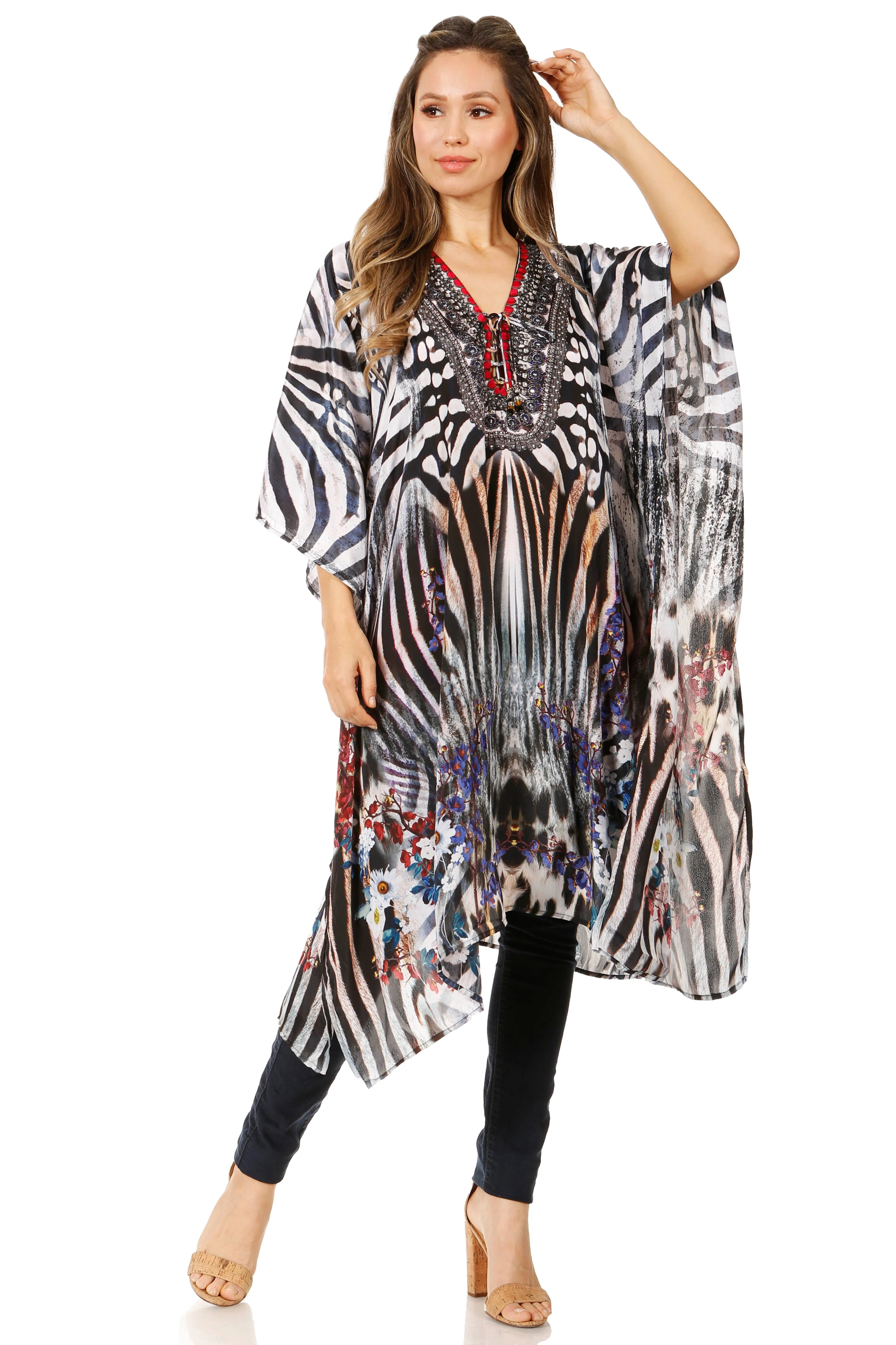 Sakkas Zeni Women's Short sleeve V-neck Summer Floral Print Caftan Dress Cover-up - Image 50
