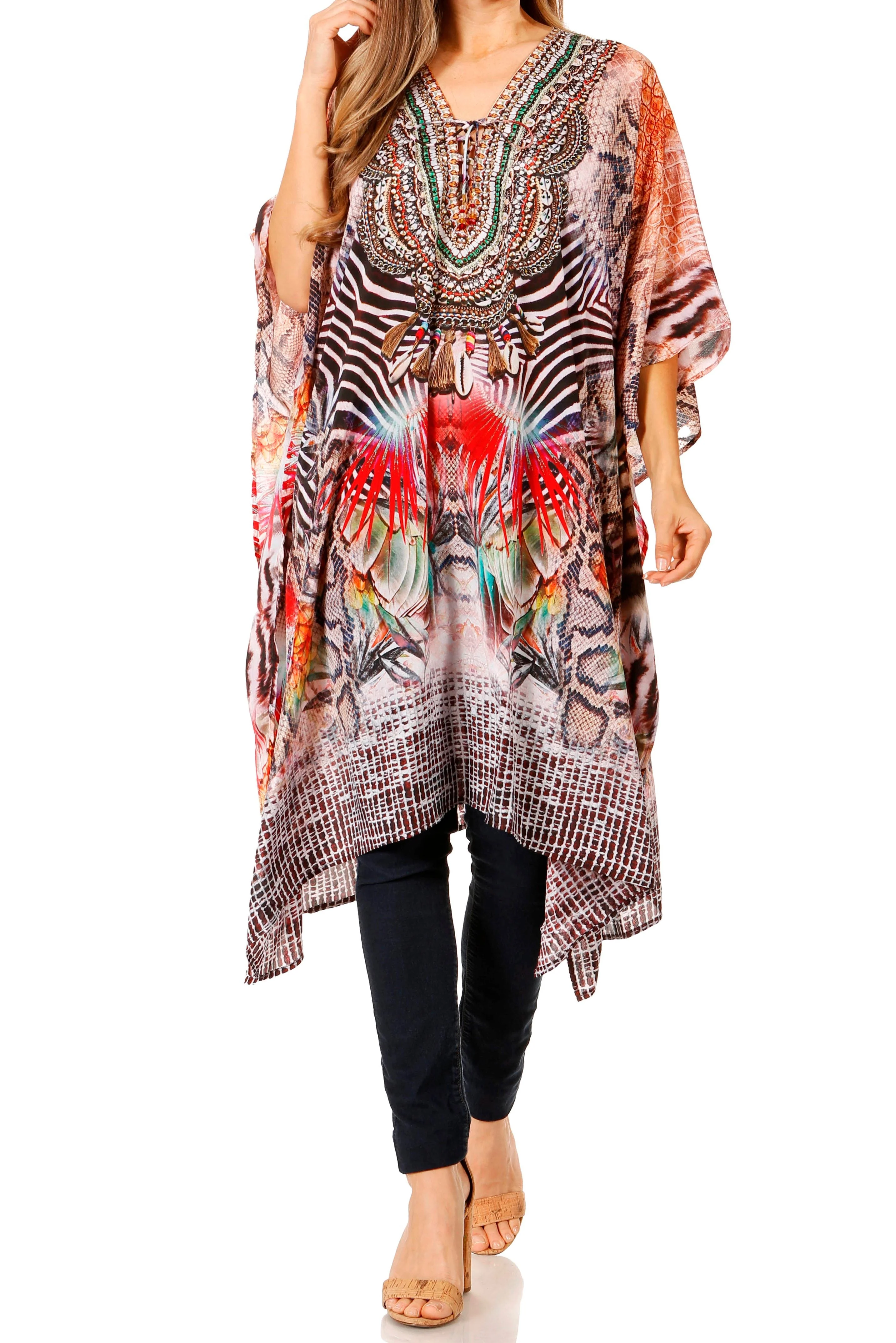 Sakkas Zeni Women's Short sleeve V-neck Summer Floral Print Caftan Dress Cover-up - Image 51