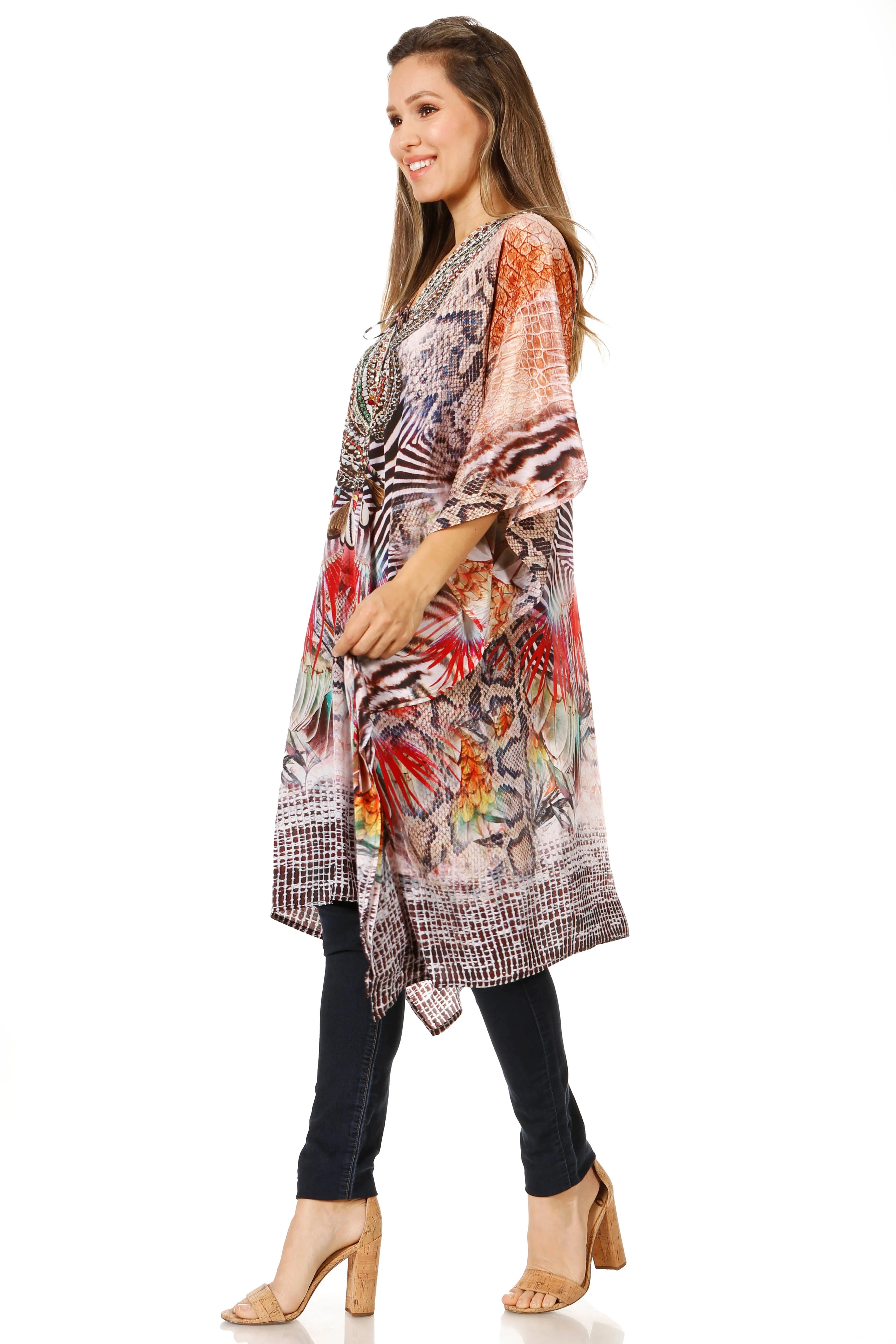 Sakkas Zeni Women's Short sleeve V-neck Summer Floral Print Caftan Dress Cover-up - Image 53
