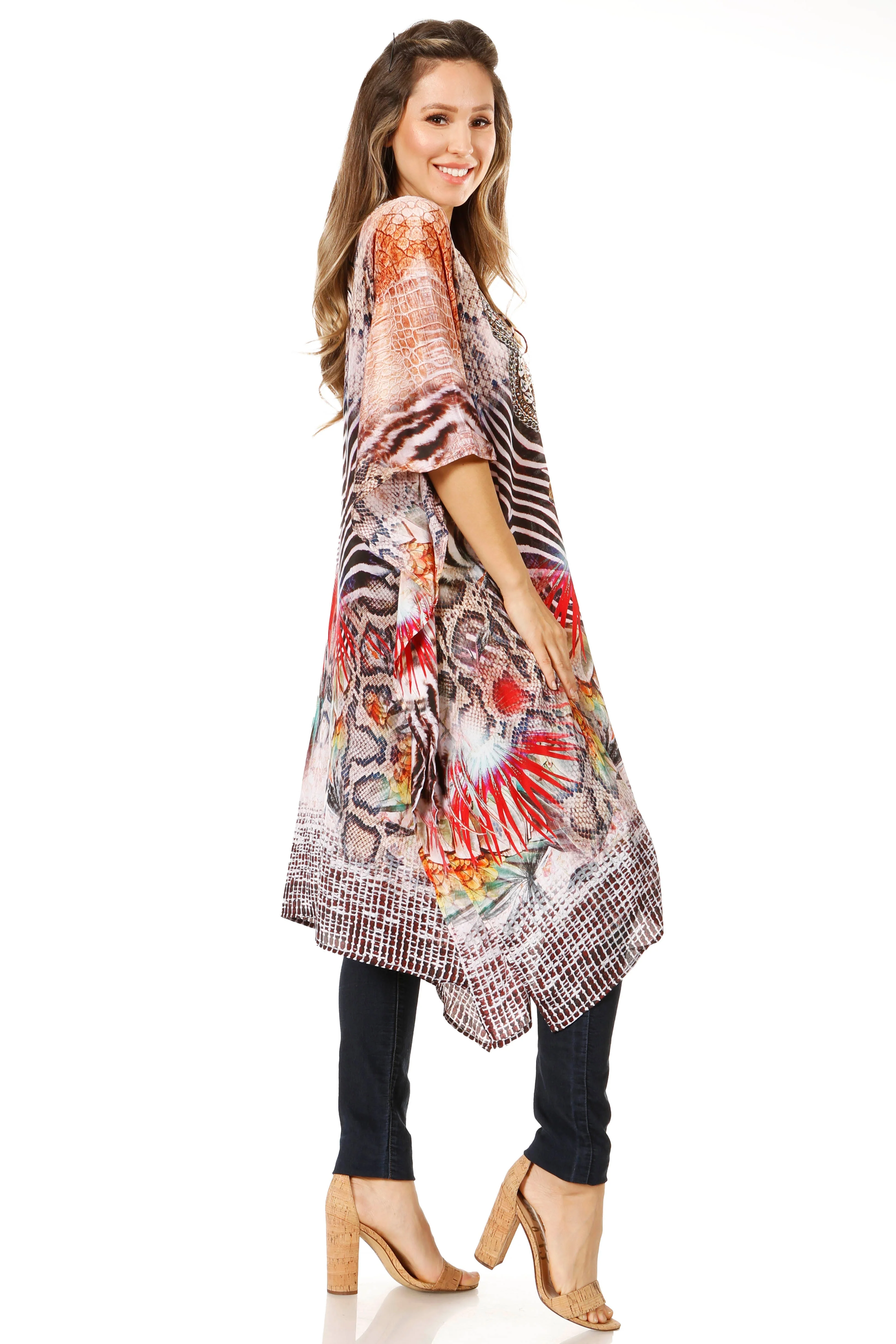 Sakkas Zeni Women's Short sleeve V-neck Summer Floral Print Caftan Dress Cover-up - Image 54