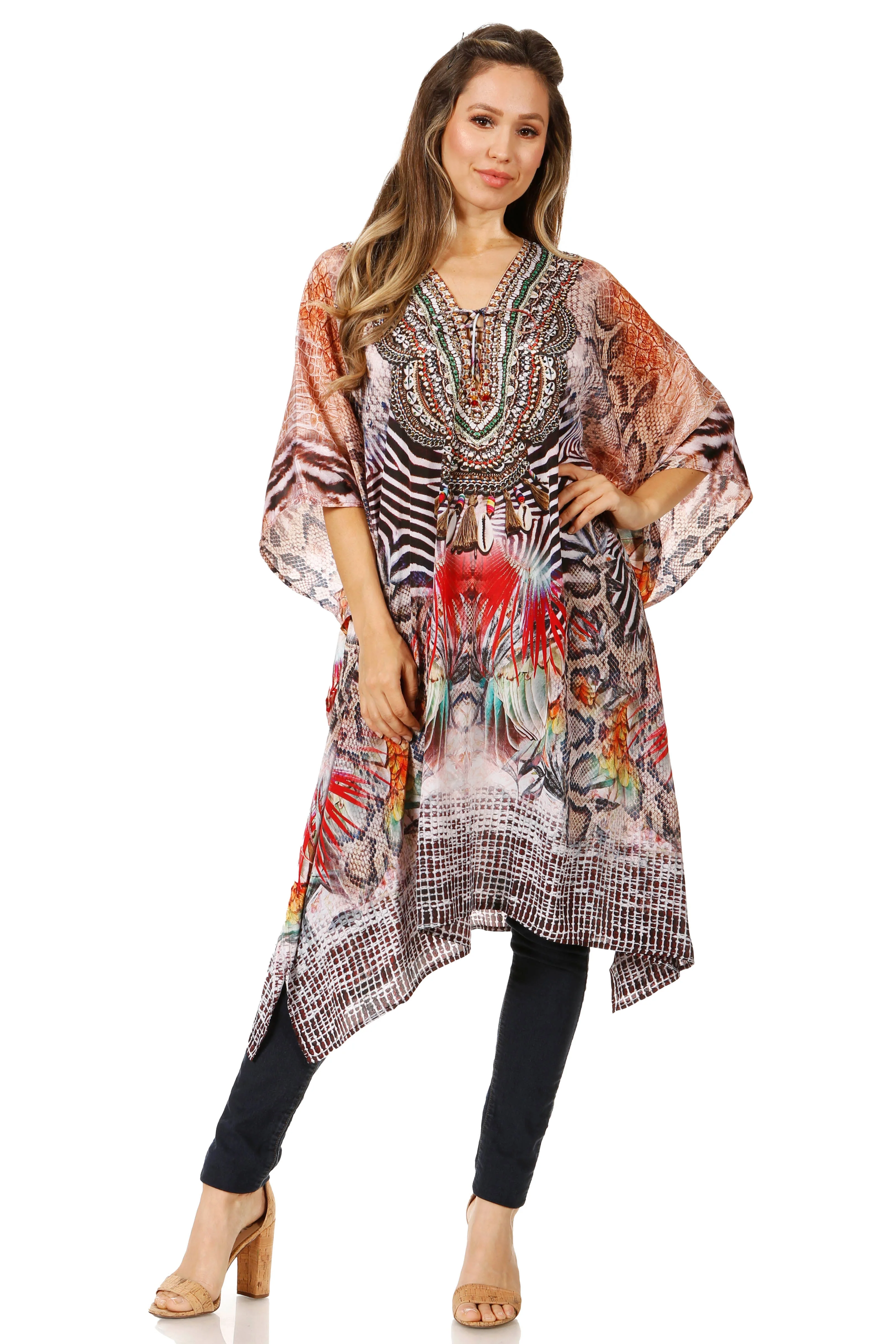 Sakkas Zeni Women's Short sleeve V-neck Summer Floral Print Caftan Dress Cover-up - Image 55