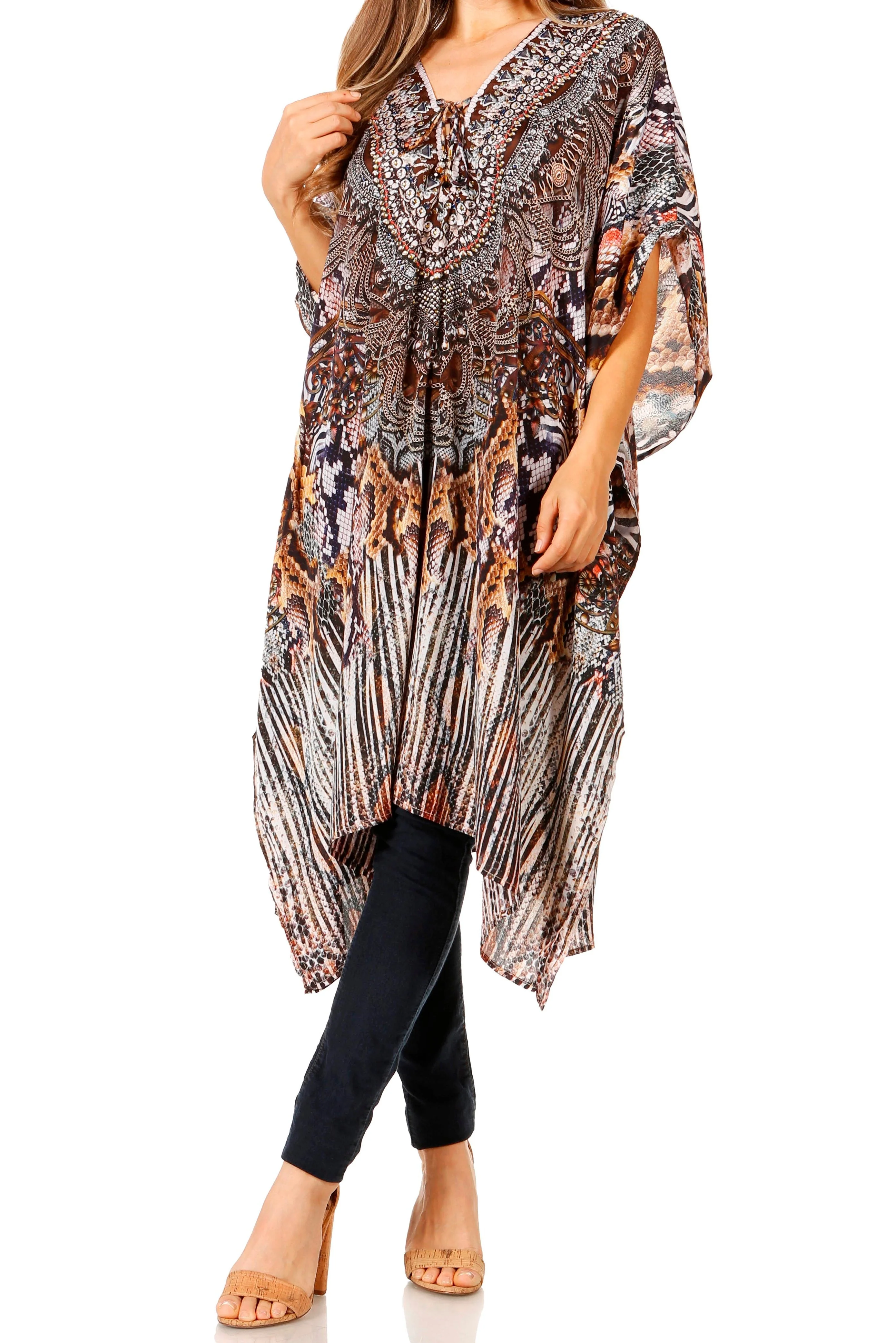 Sakkas Zeni Women's Short sleeve V-neck Summer Floral Print Caftan Dress Cover-up - Image 56