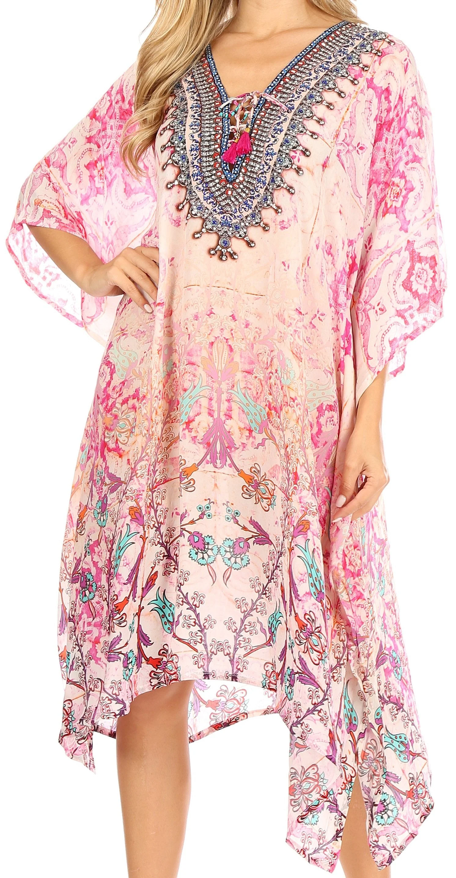Sakkas Zeni Women's Short sleeve V-neck Summer Floral Print Caftan Dress Cover-up - Image 6