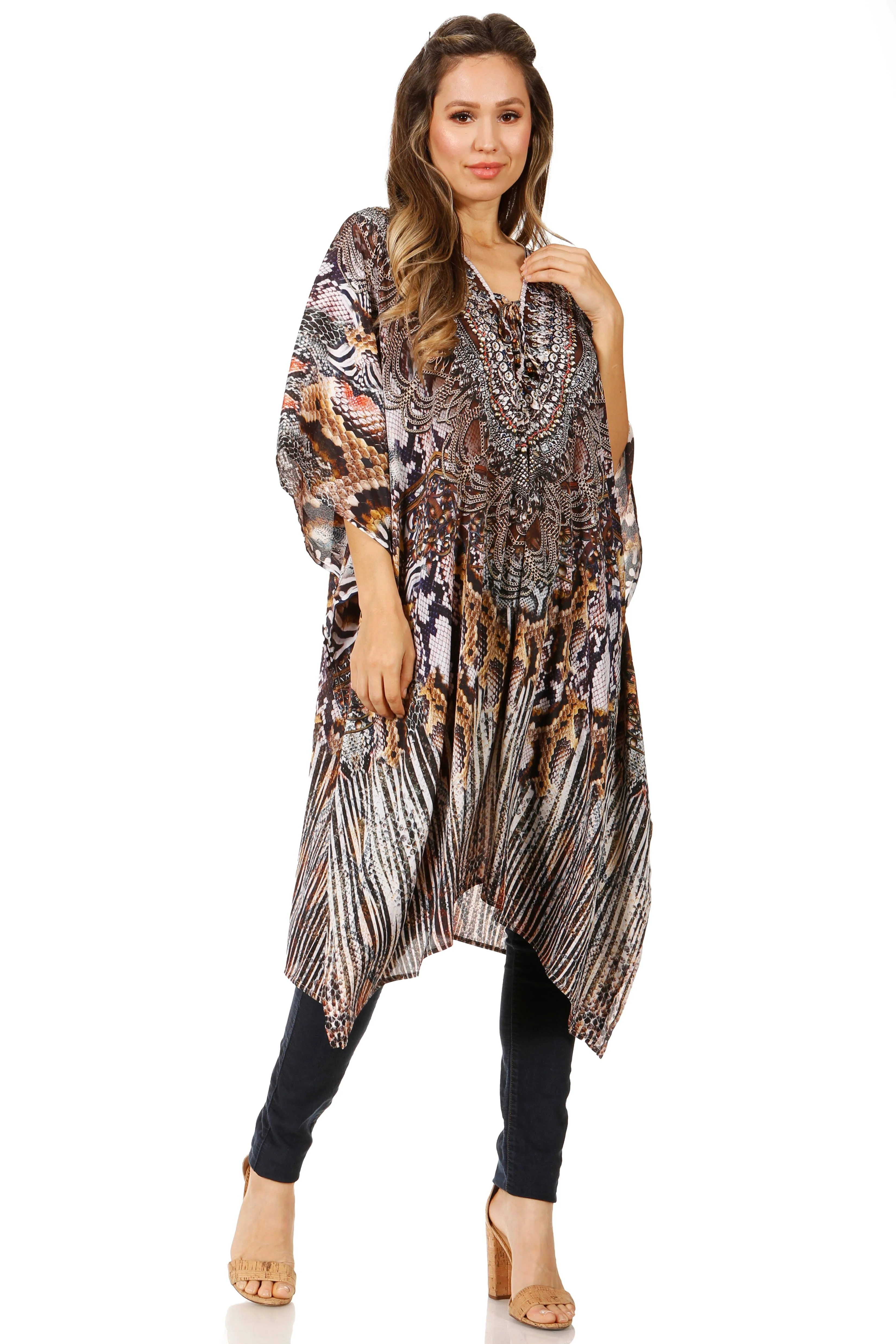Sakkas Zeni Women's Short sleeve V-neck Summer Floral Print Caftan Dress Cover-up - Image 60