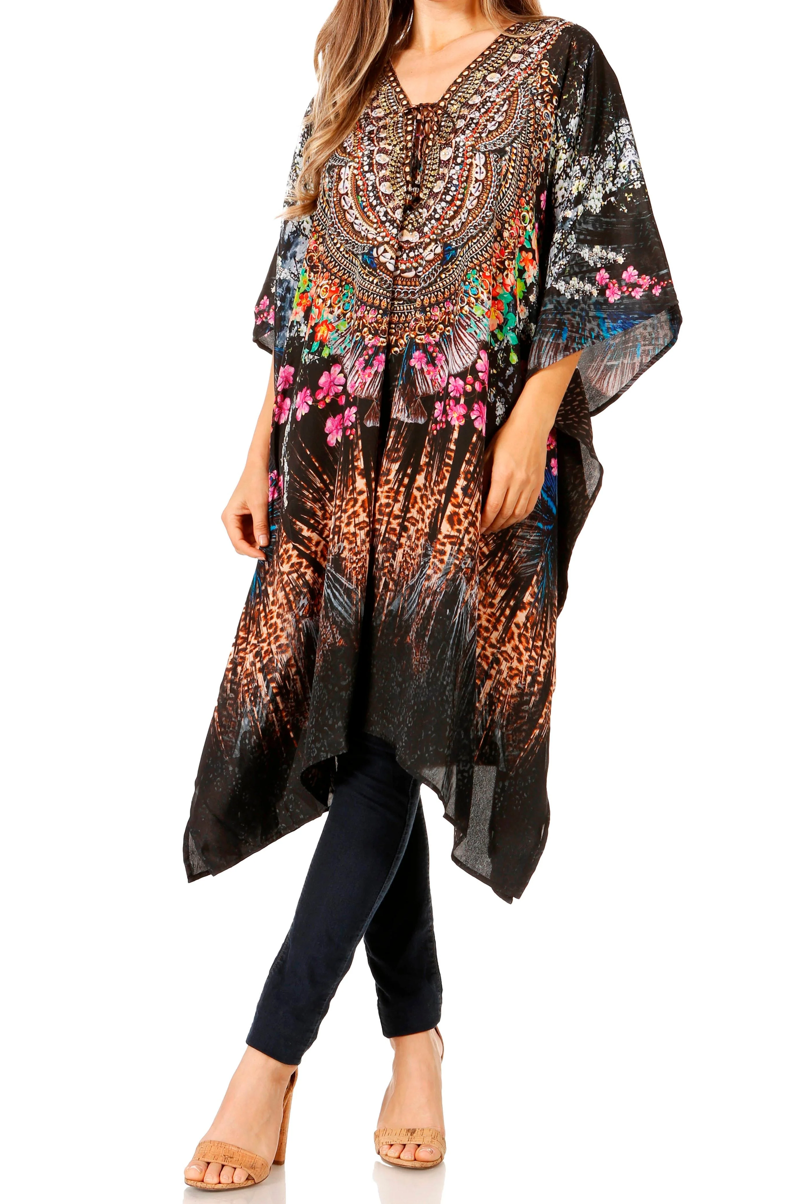 Sakkas Zeni Women's Short sleeve V-neck Summer Floral Print Caftan Dress Cover-up - Image 61