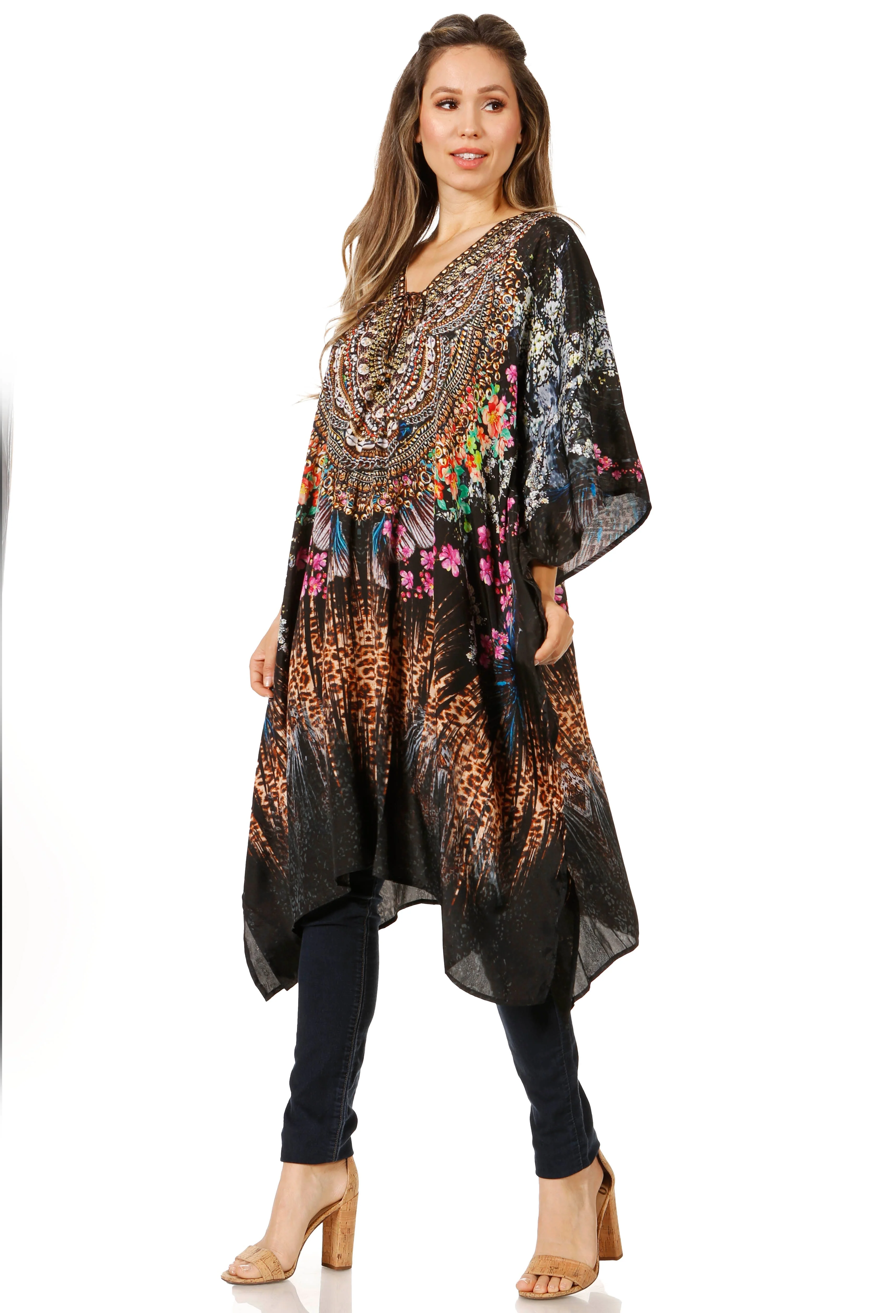 Sakkas Zeni Women's Short sleeve V-neck Summer Floral Print Caftan Dress Cover-up - Image 63