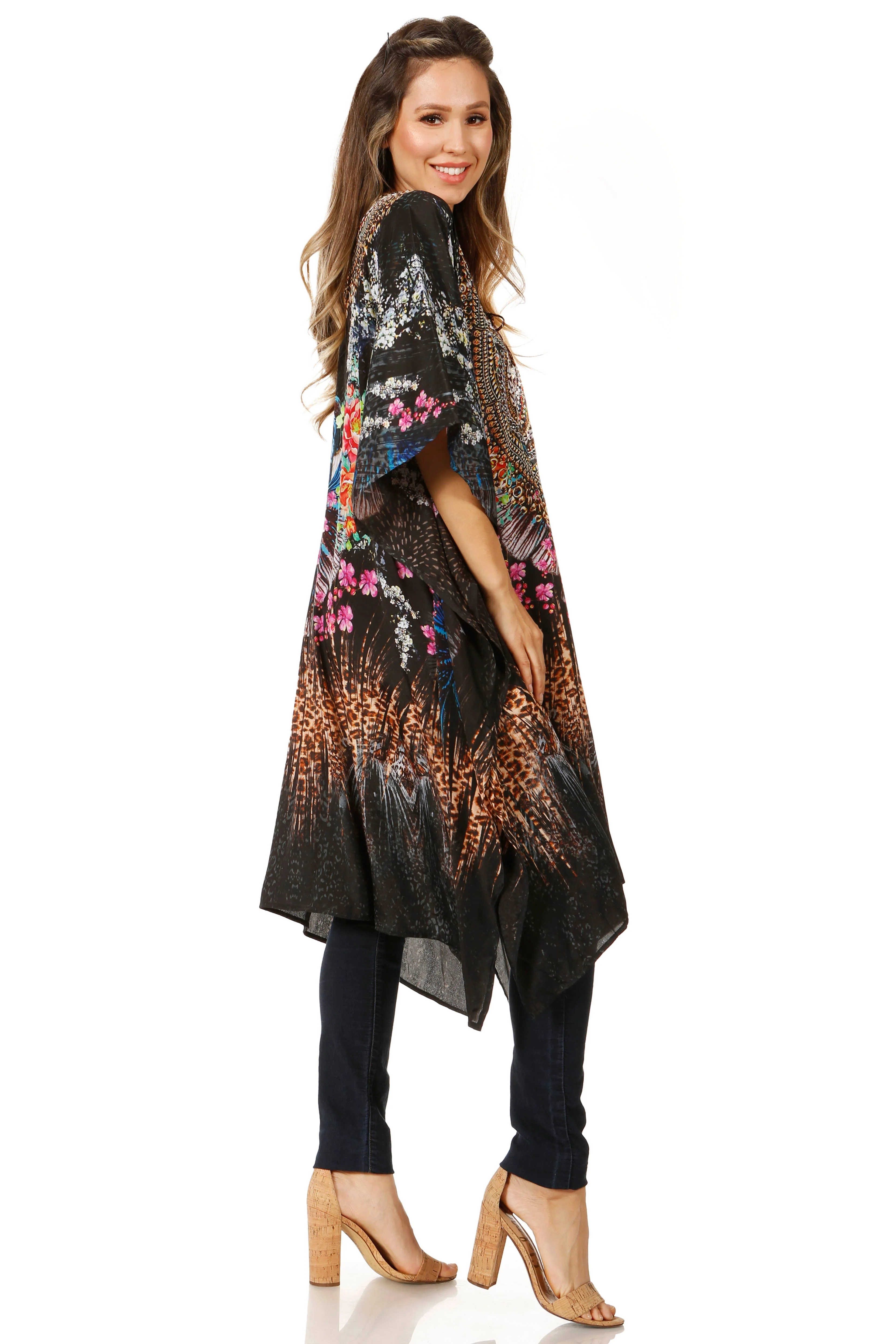 Sakkas Zeni Women's Short sleeve V-neck Summer Floral Print Caftan Dress Cover-up - Image 64
