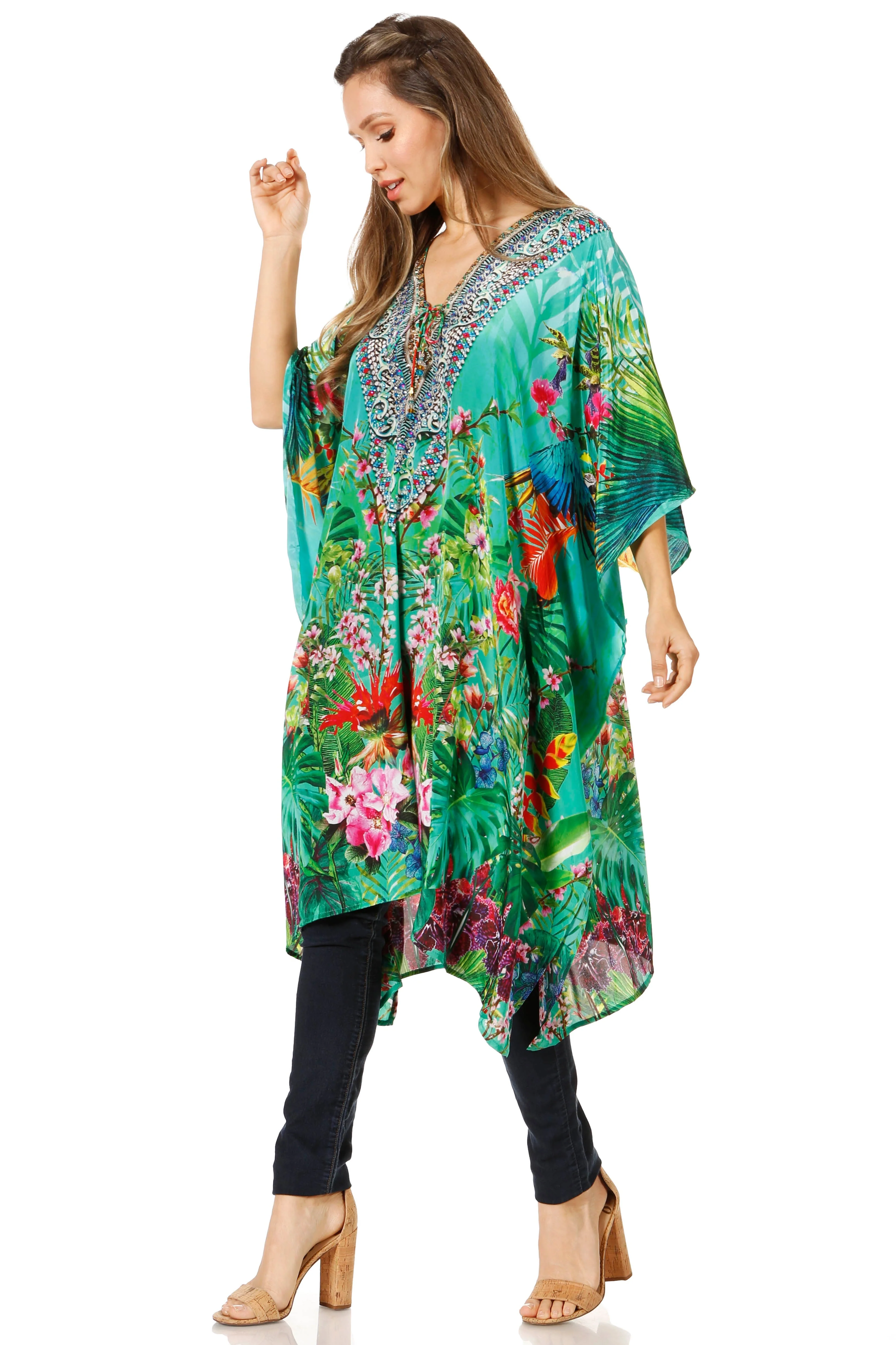Sakkas Zeni Women's Short sleeve V-neck Summer Floral Print Caftan Dress Cover-up - Image 68